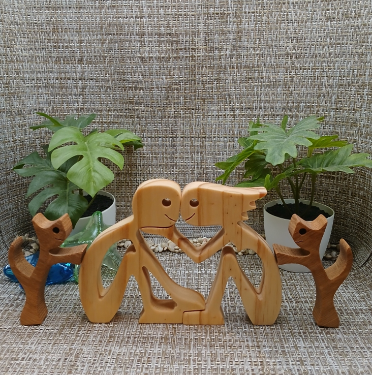 Handcrafted Couple with Pets Wood Figurine