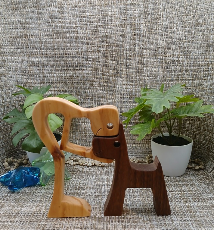 Handcrafted Wooden Figurine of a Man & His Beloved Dog