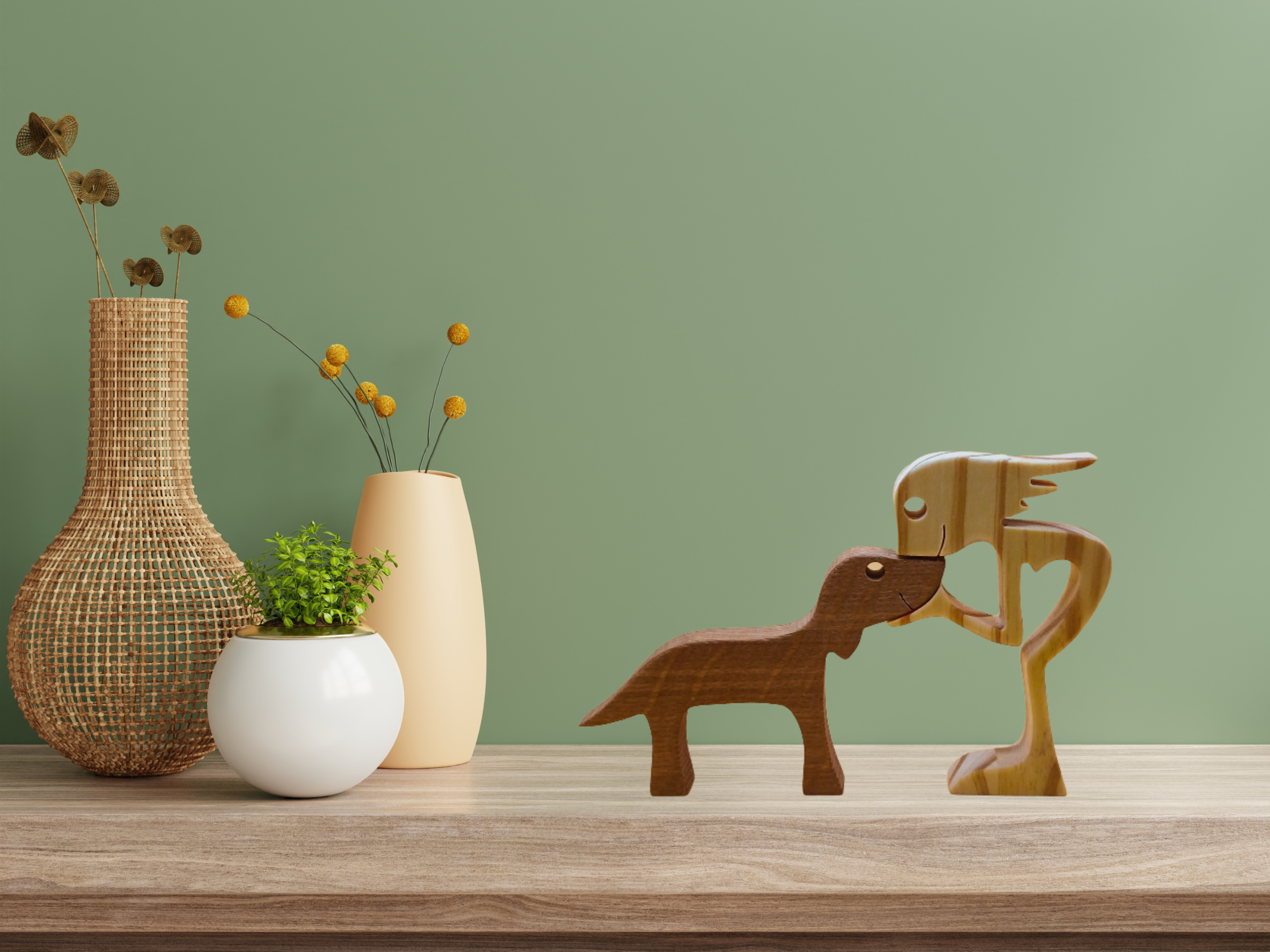 Handcrafted Wooden Figurine of a Woman & Her Beloved Dog