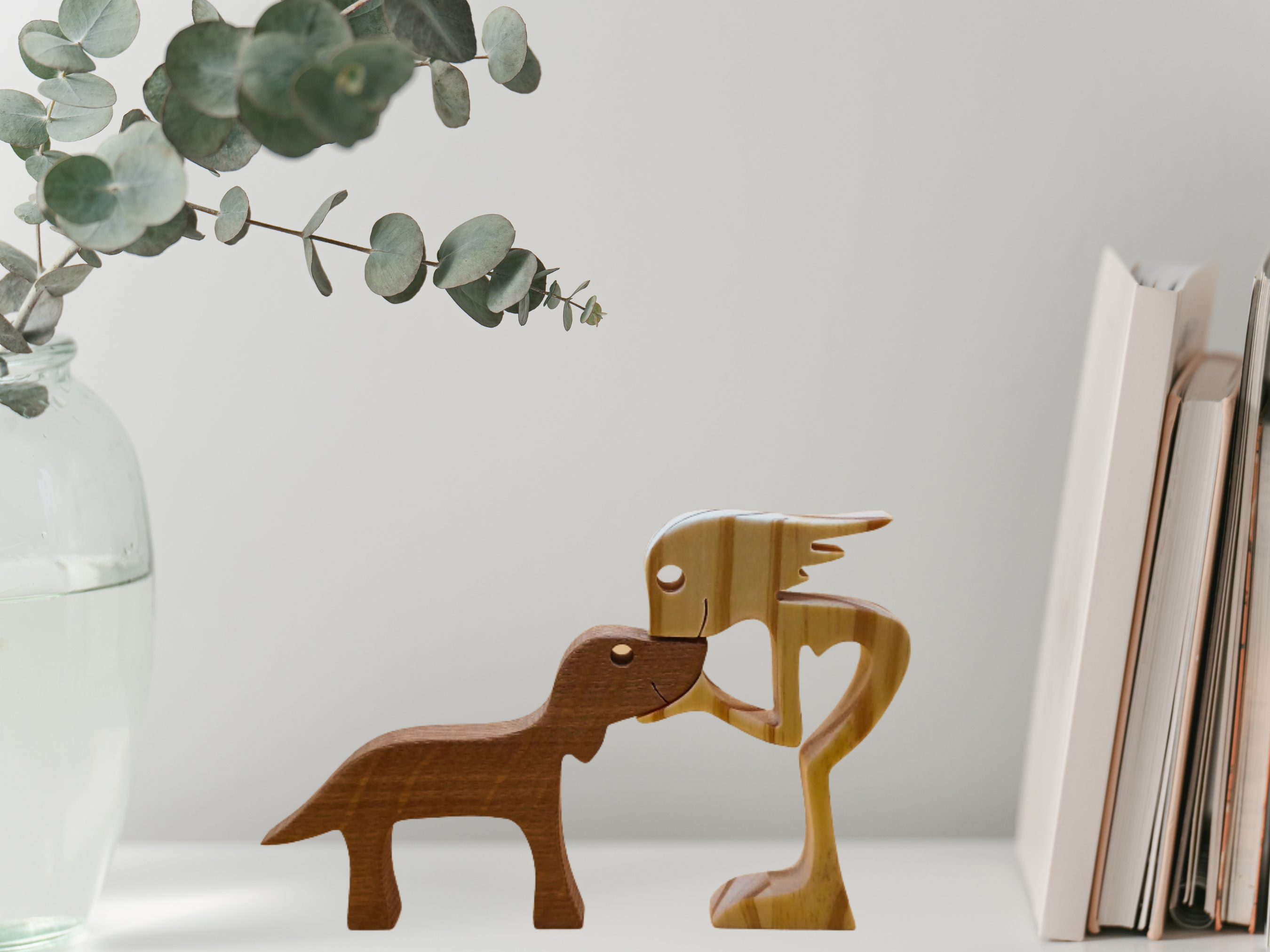 Handcrafted Wooden Figurine of a Woman & Her Beloved Dog
