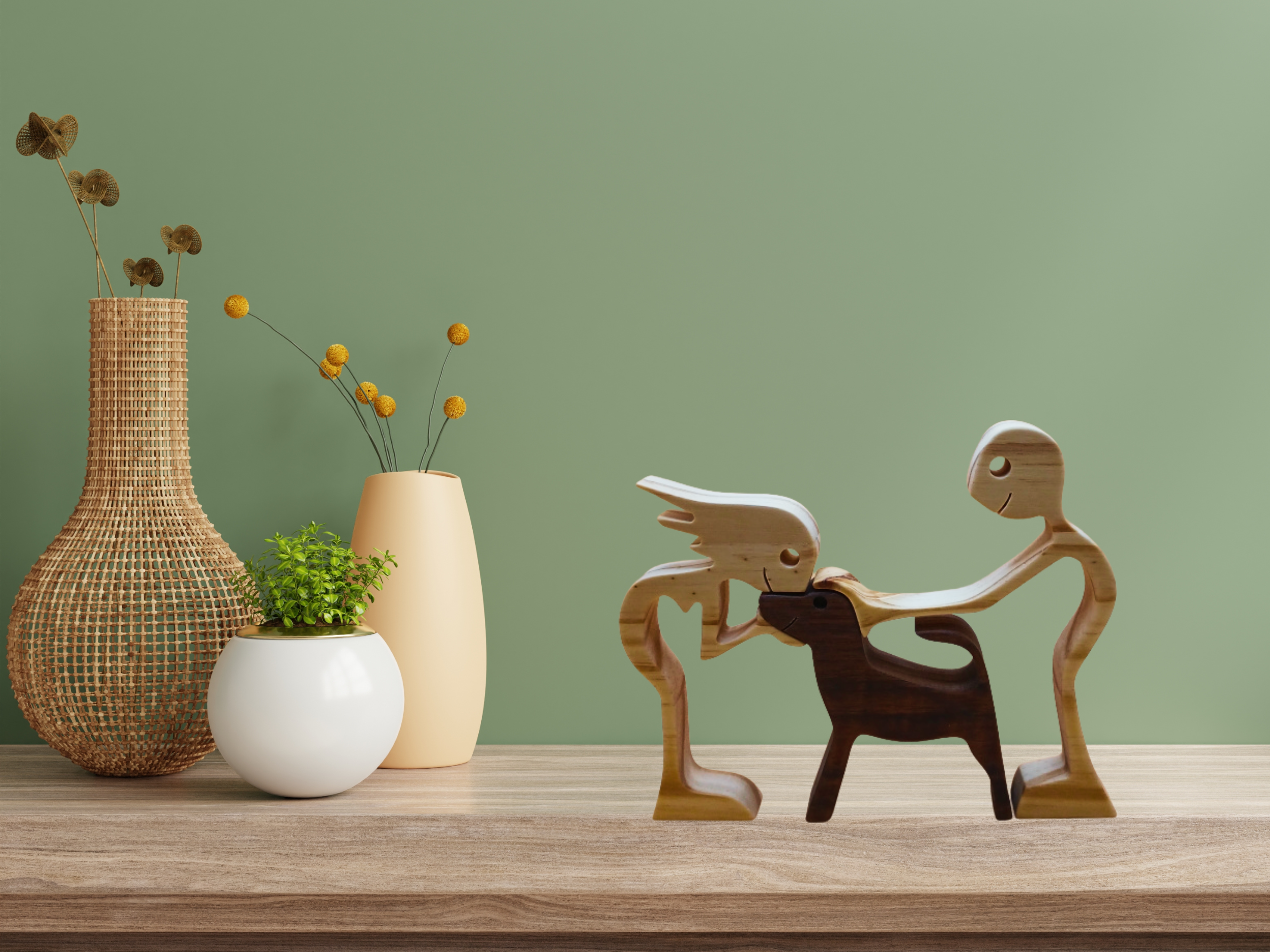 Couple with Dog Wood Figurine