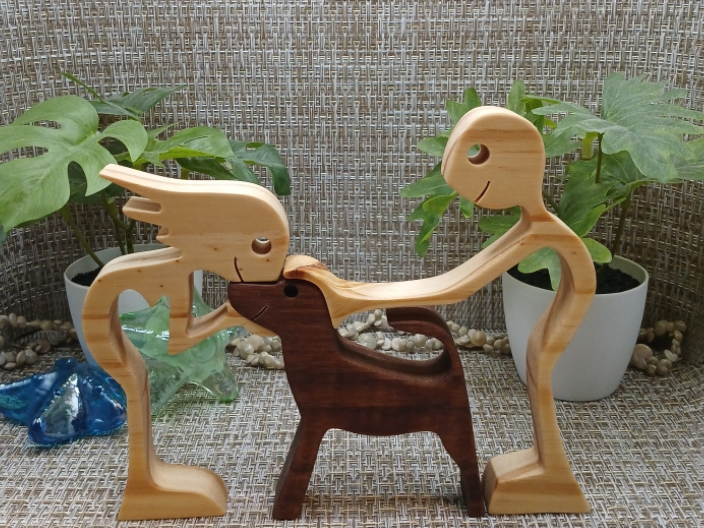 Couple with Dog Wood Figurine