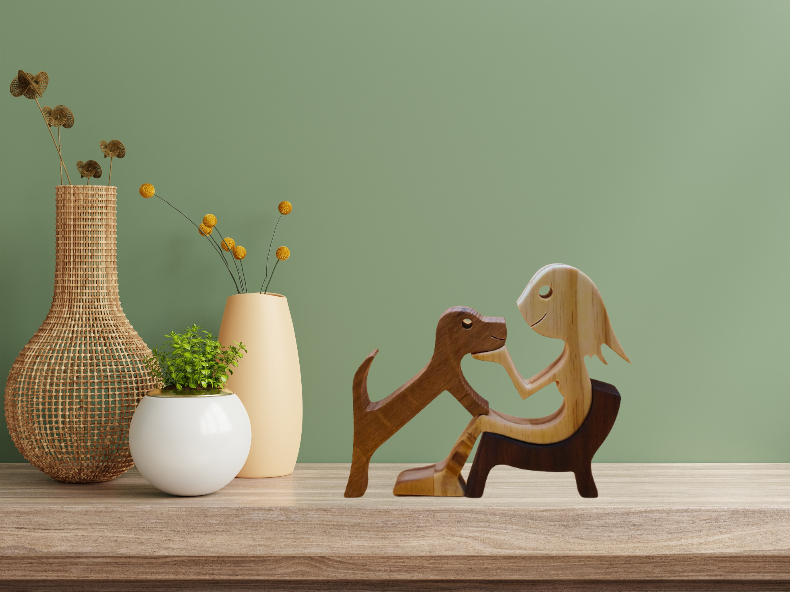 A Girl & Her Dog Wood Figurine