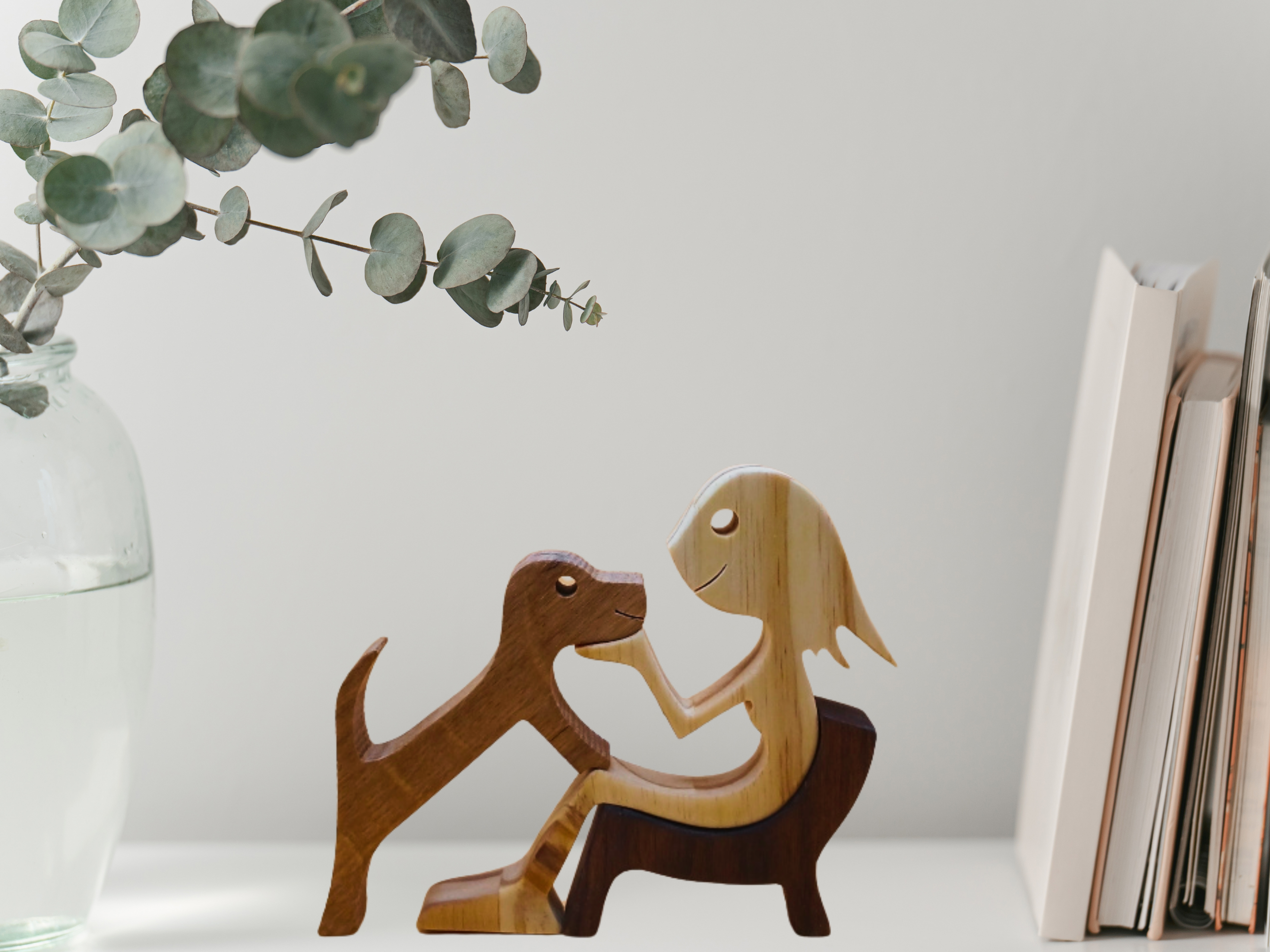 A Girl & Her Dog Wood Figurine