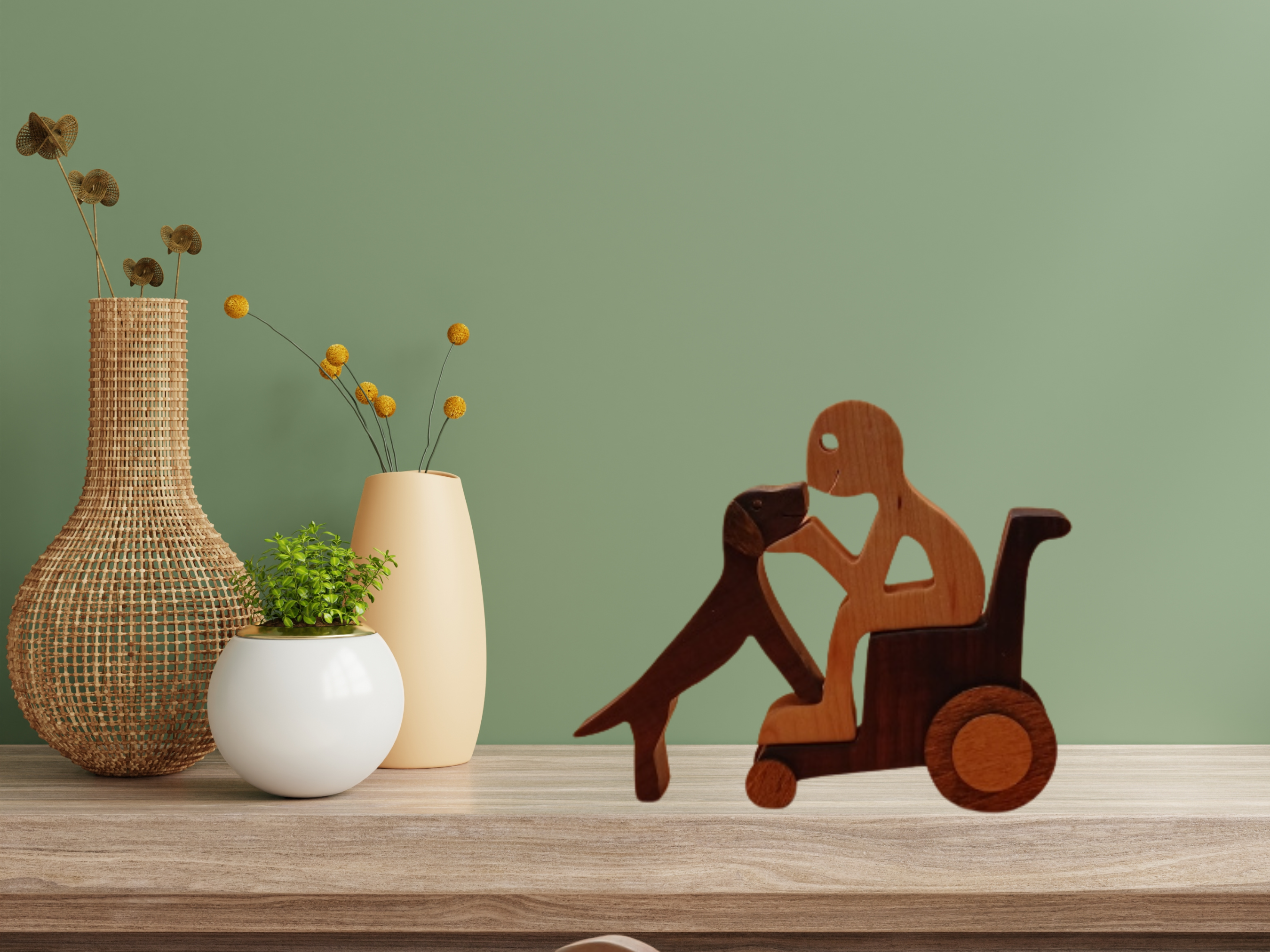 Handcrafted Man in Wheelchair with Dog Wood Figurine