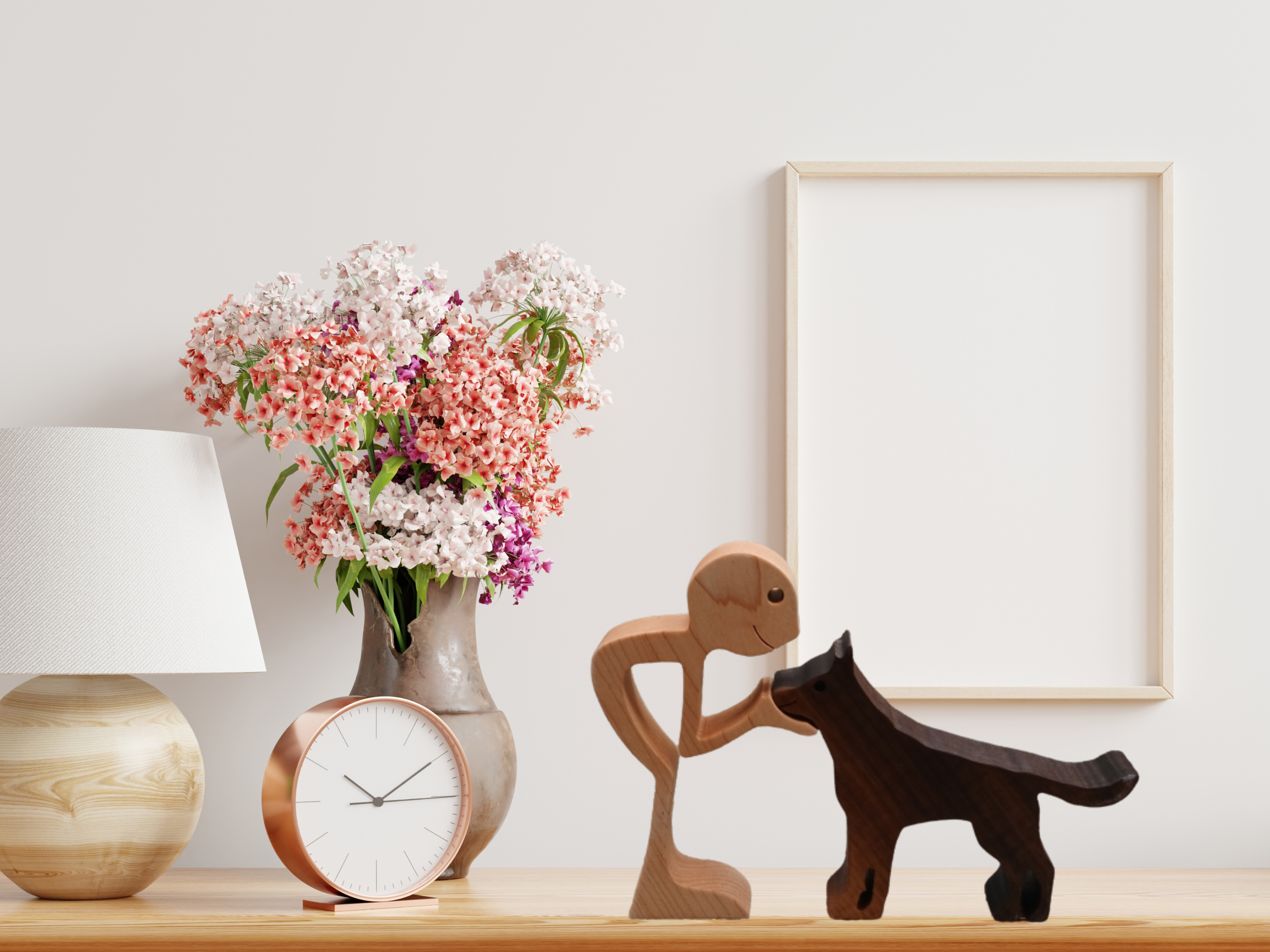 Artisan Man and German Shepherd Wood Figurine 