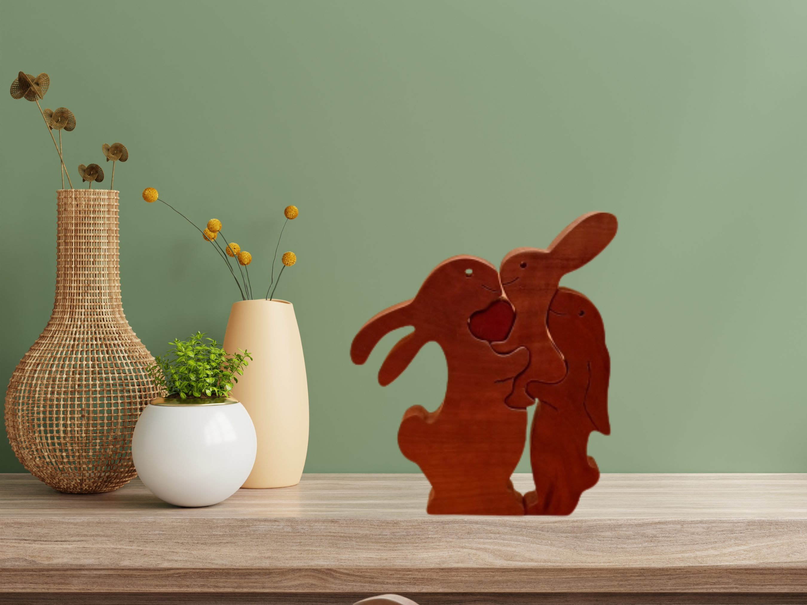 Rabbit Family Wood Figurine