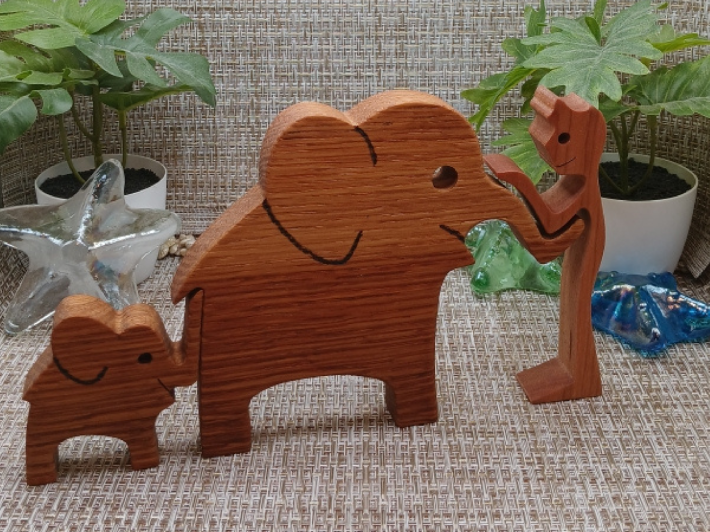Handcrafted Wooden Elephant Family Figurines