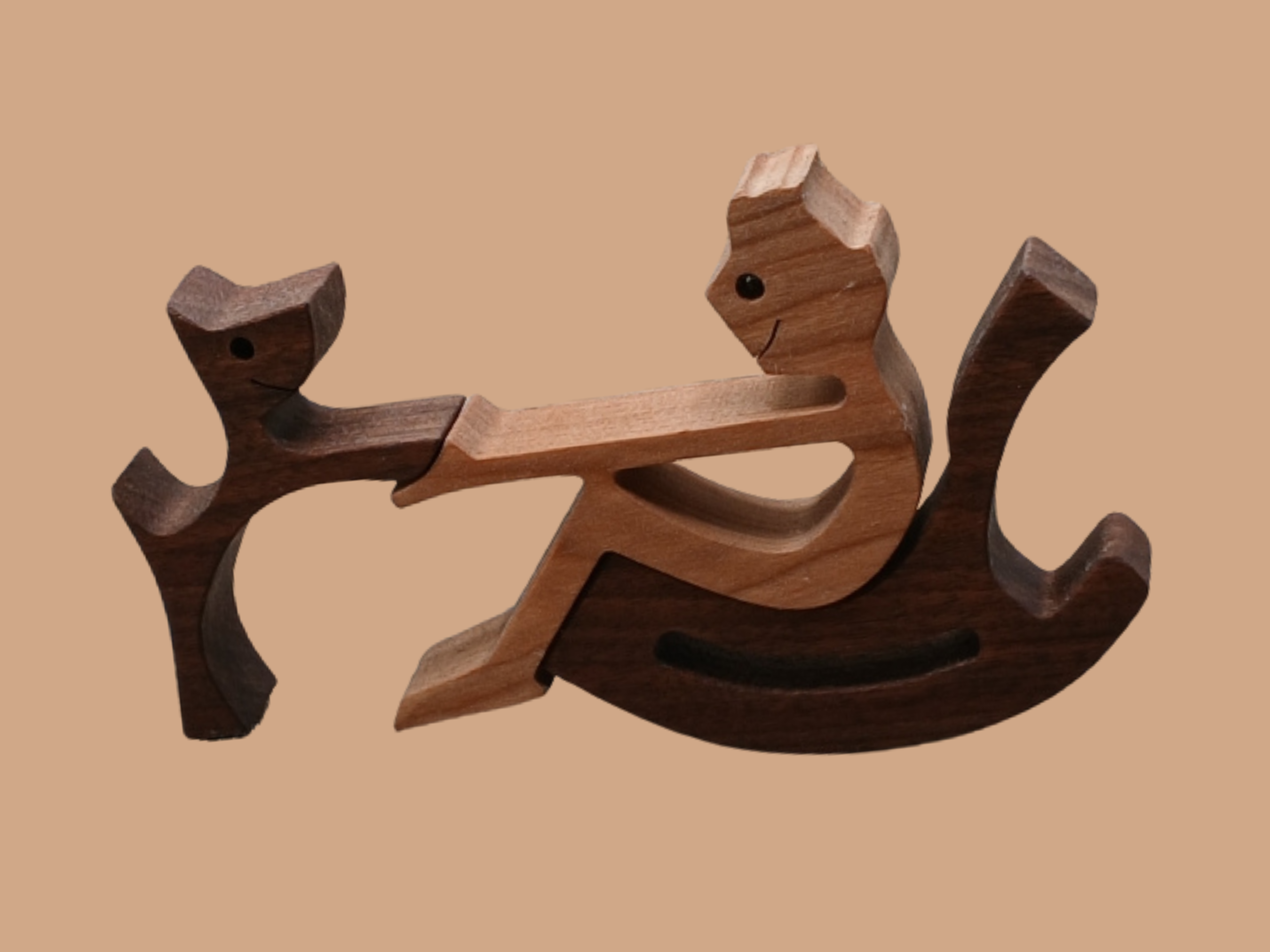 Wooden Boy in Rocking Chair with Beloved Pet