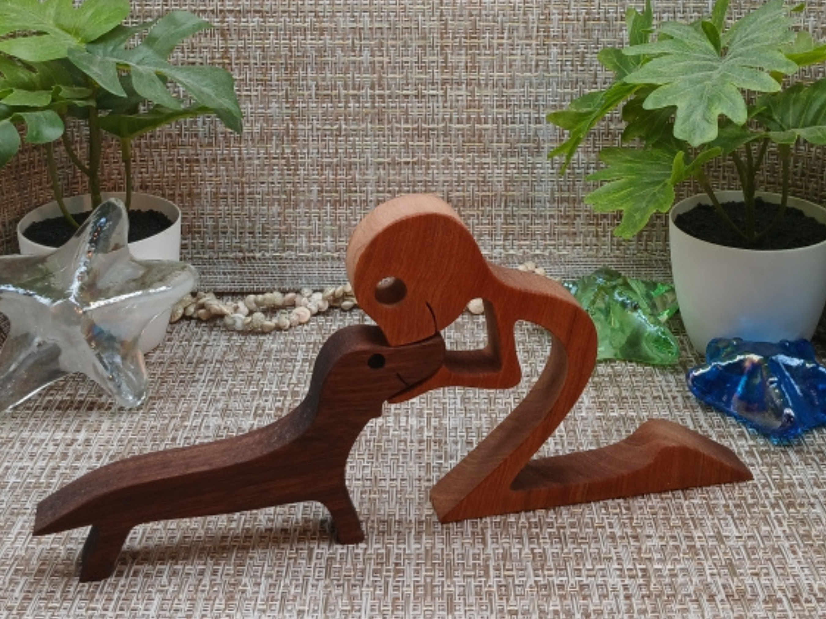 Wooden Man with Dachshund Figurine
