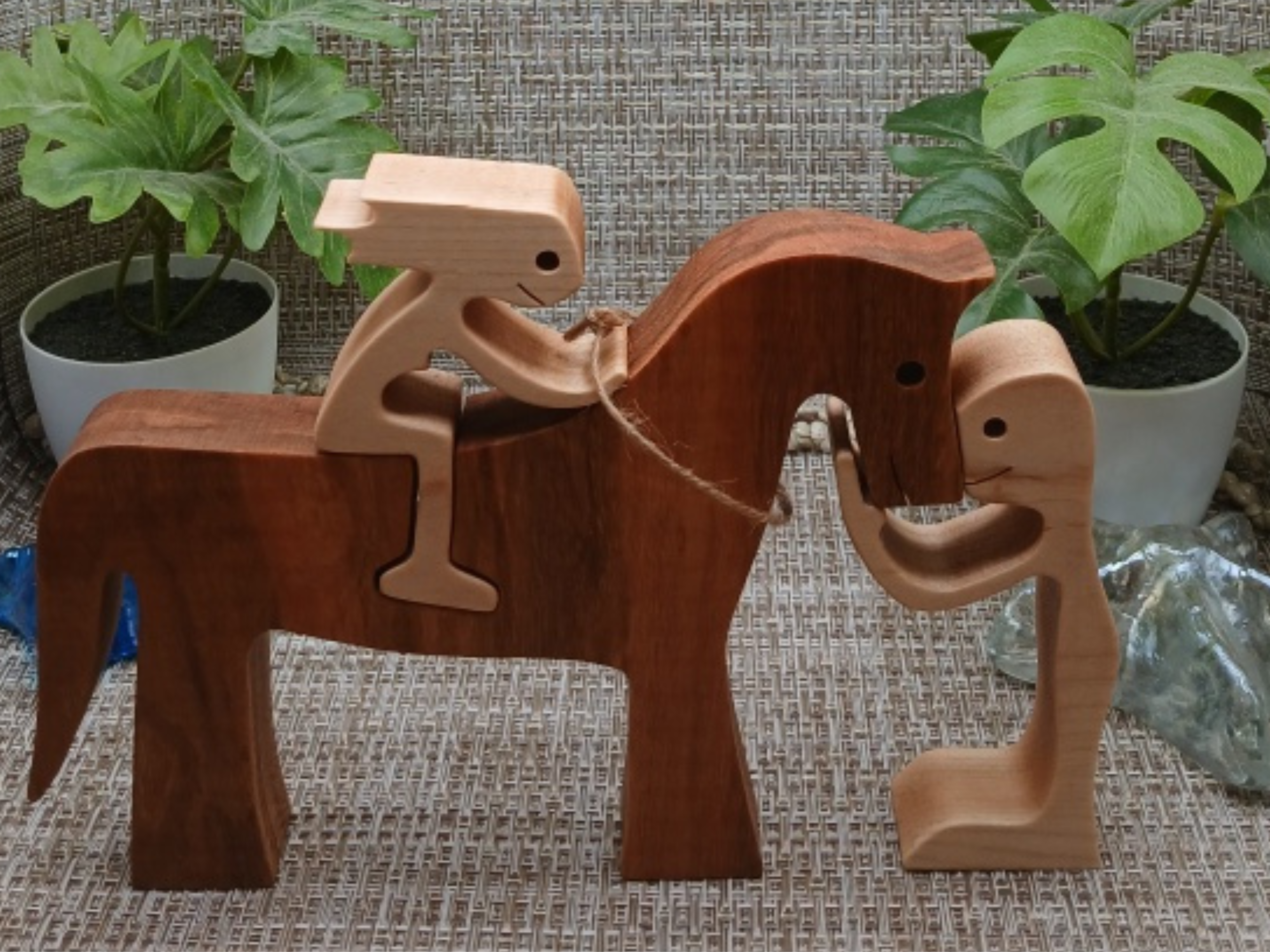 Handcrafted Wooden Horse and Rider Figurine 