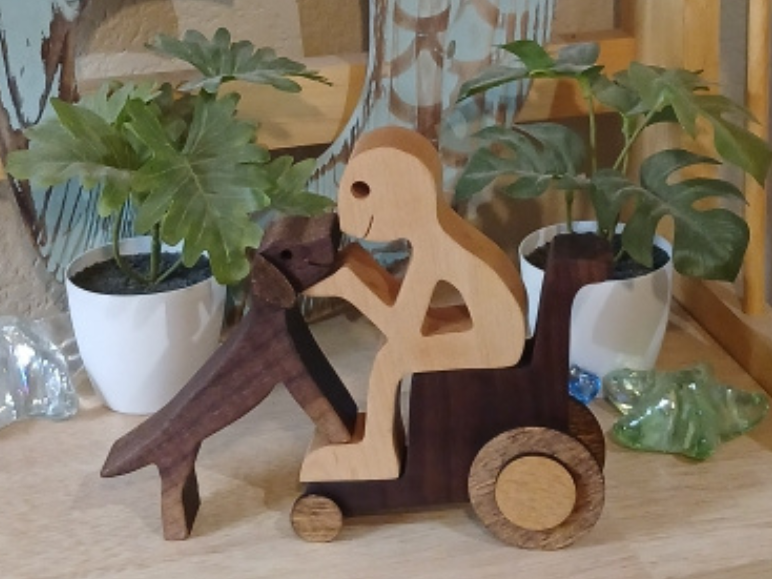 Handcrafted Man in Wheelchair with Dog Wood Figurine