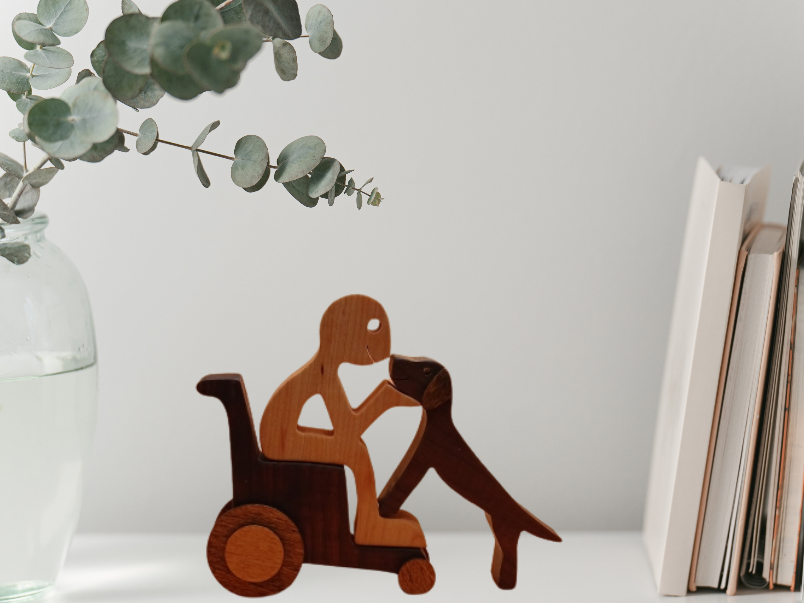 Handcrafted Man in Wheelchair with Dog Wood Figurine