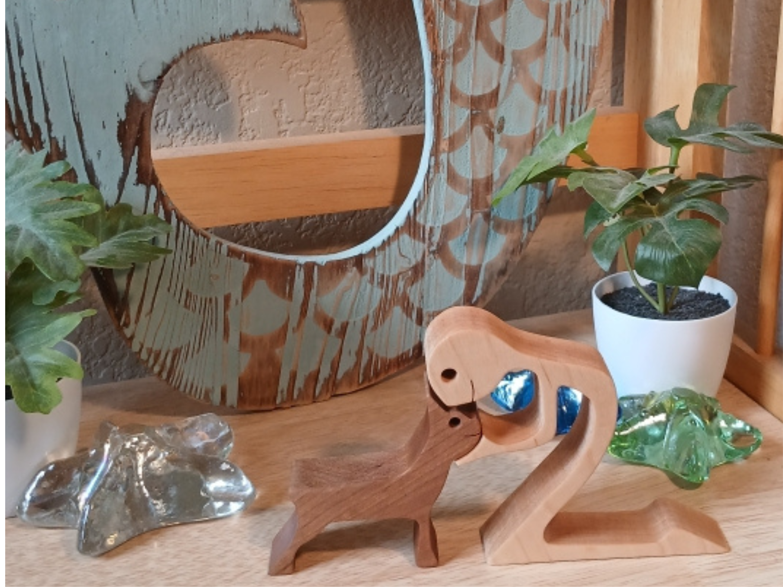 Artisan Person and Dog Wood Figurine 