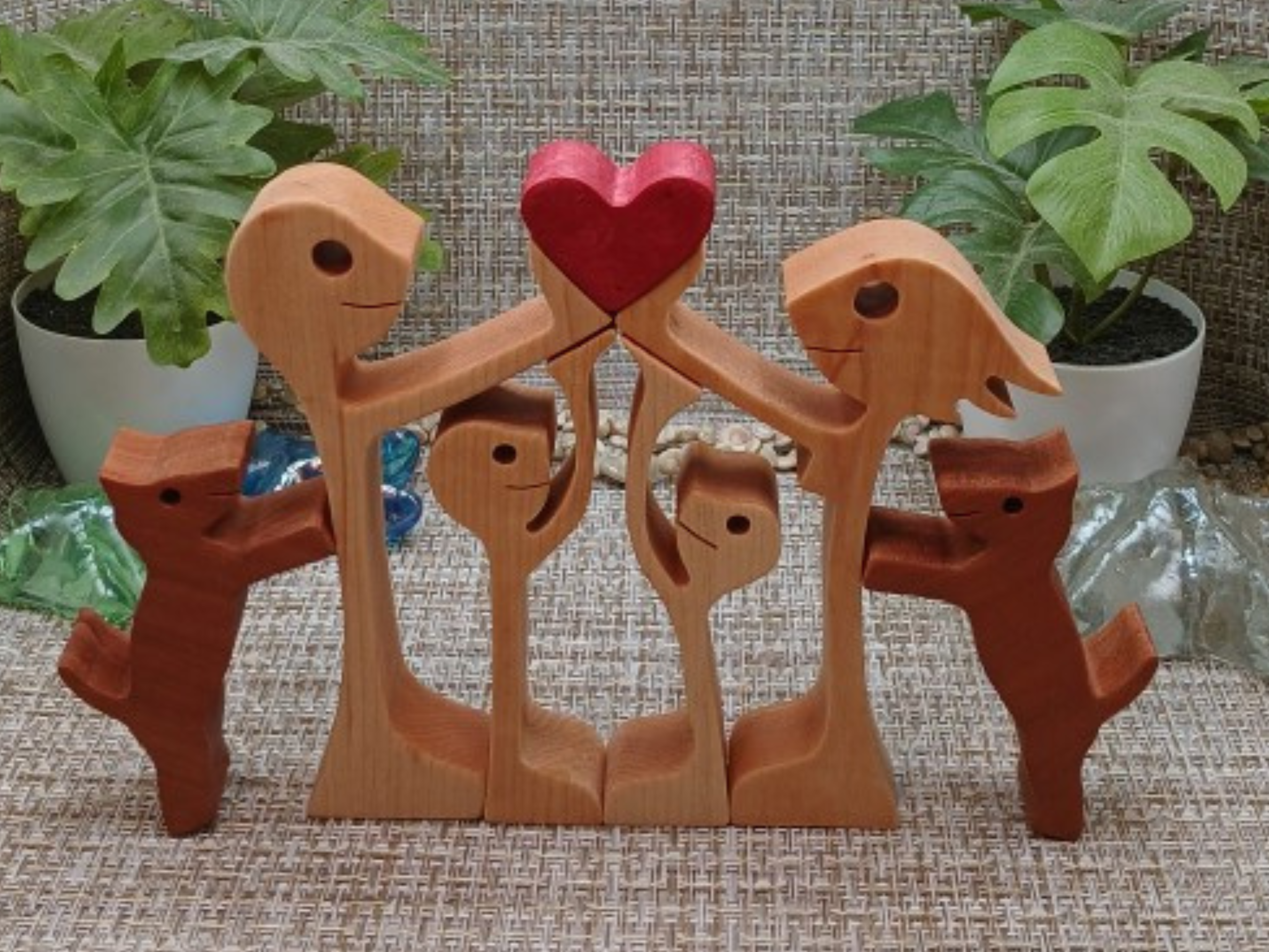 Handcrafted Wooden Family & Pets Figurine