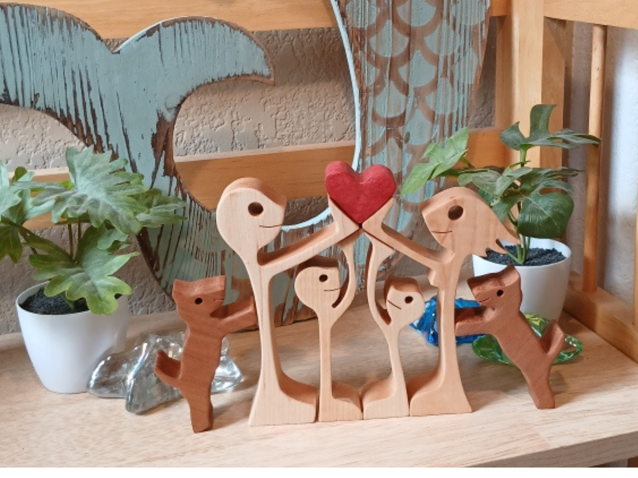 Handcrafted Wooden Family & Pets Figurine