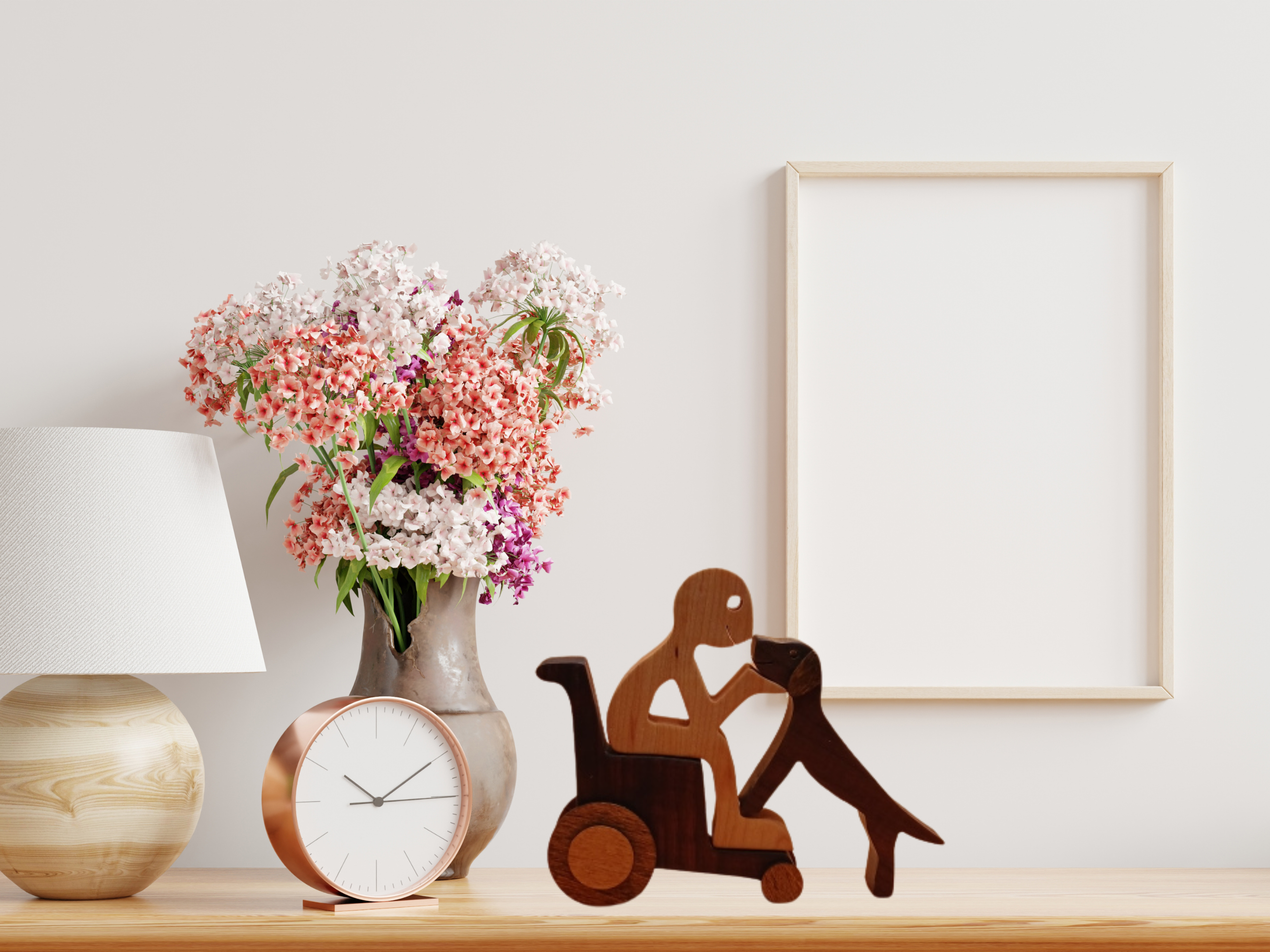 Handcrafted Man in Wheelchair with Dog Wood Figurine