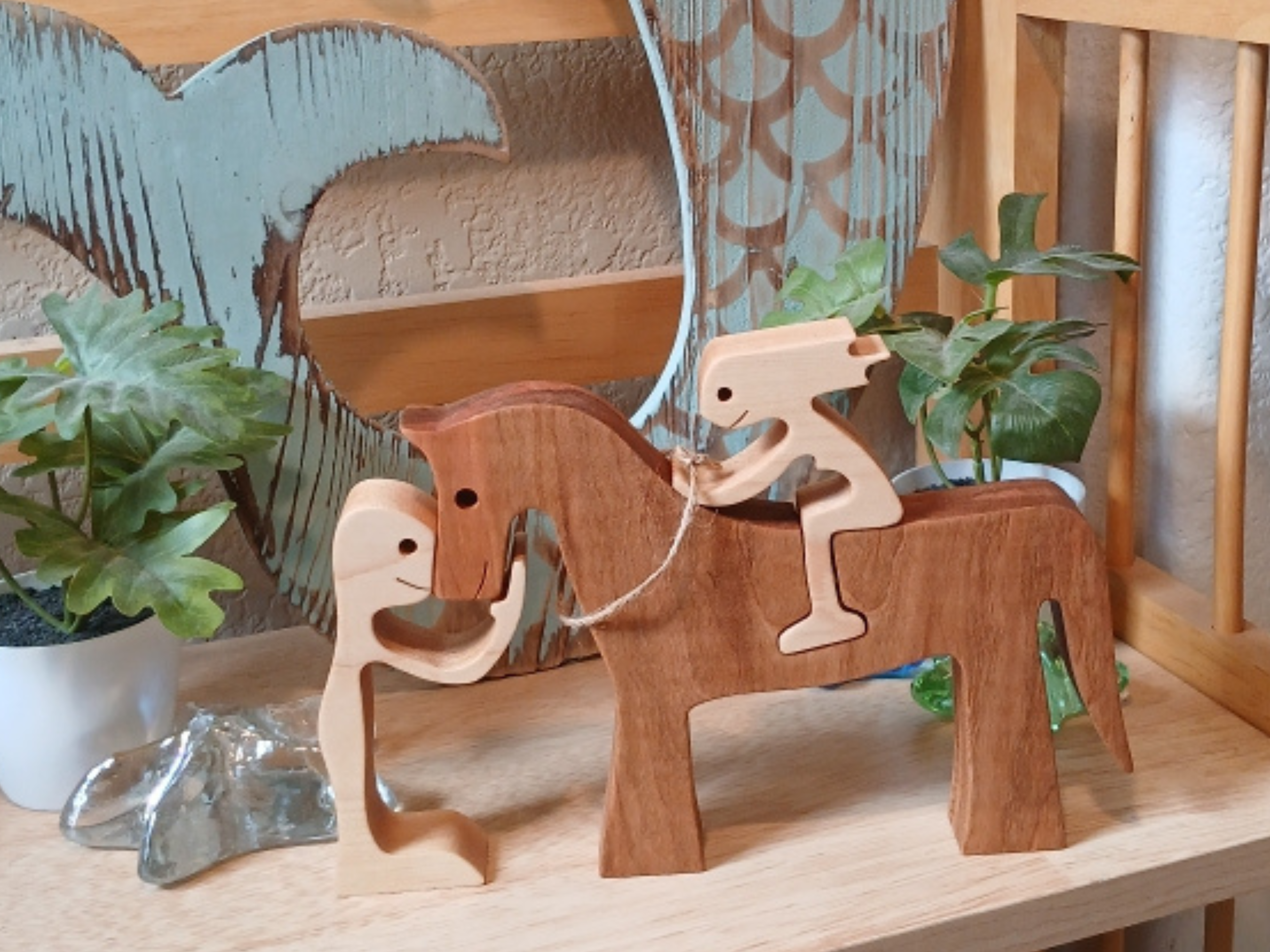 Handcrafted Wooden Horse and Rider Figurine 