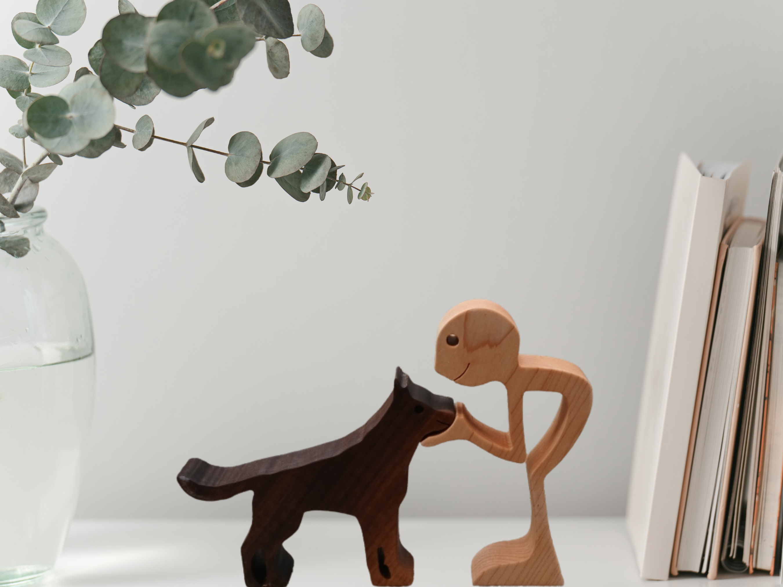 Artisan Man and German Shepherd Wood Figurine 