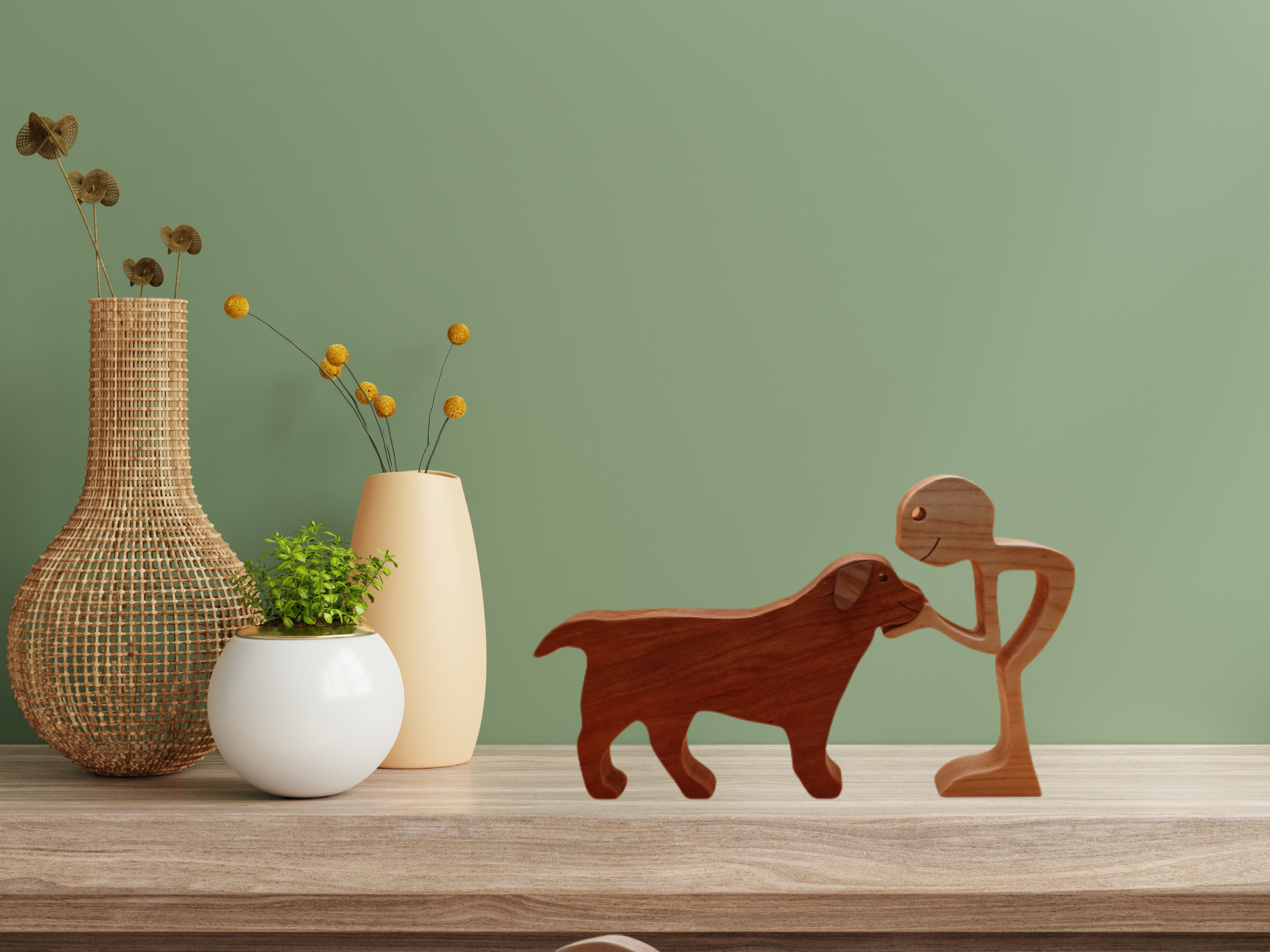 Man and Retriever Wooden Figurine