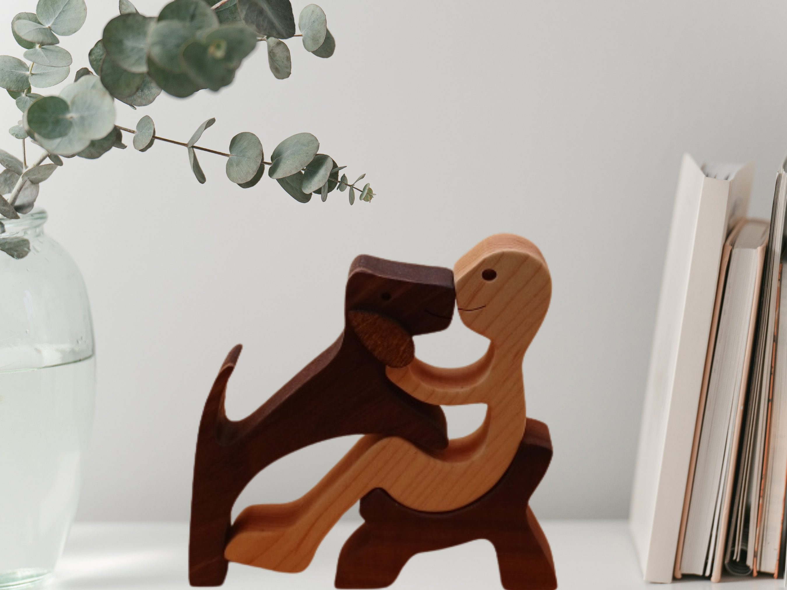 Man and His Beloved Dog Wood Figurine