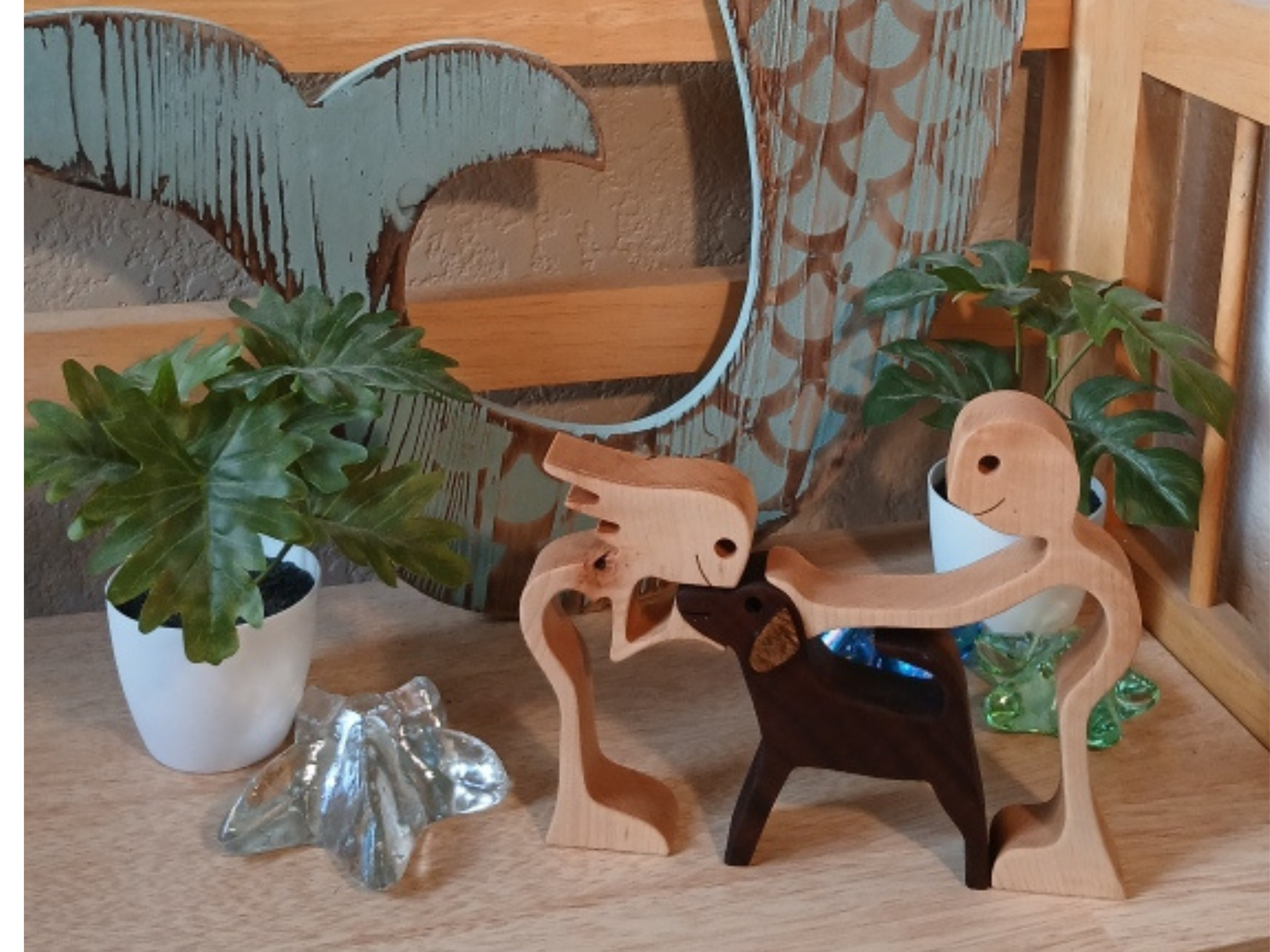 Couple with Dog Wood Figurine