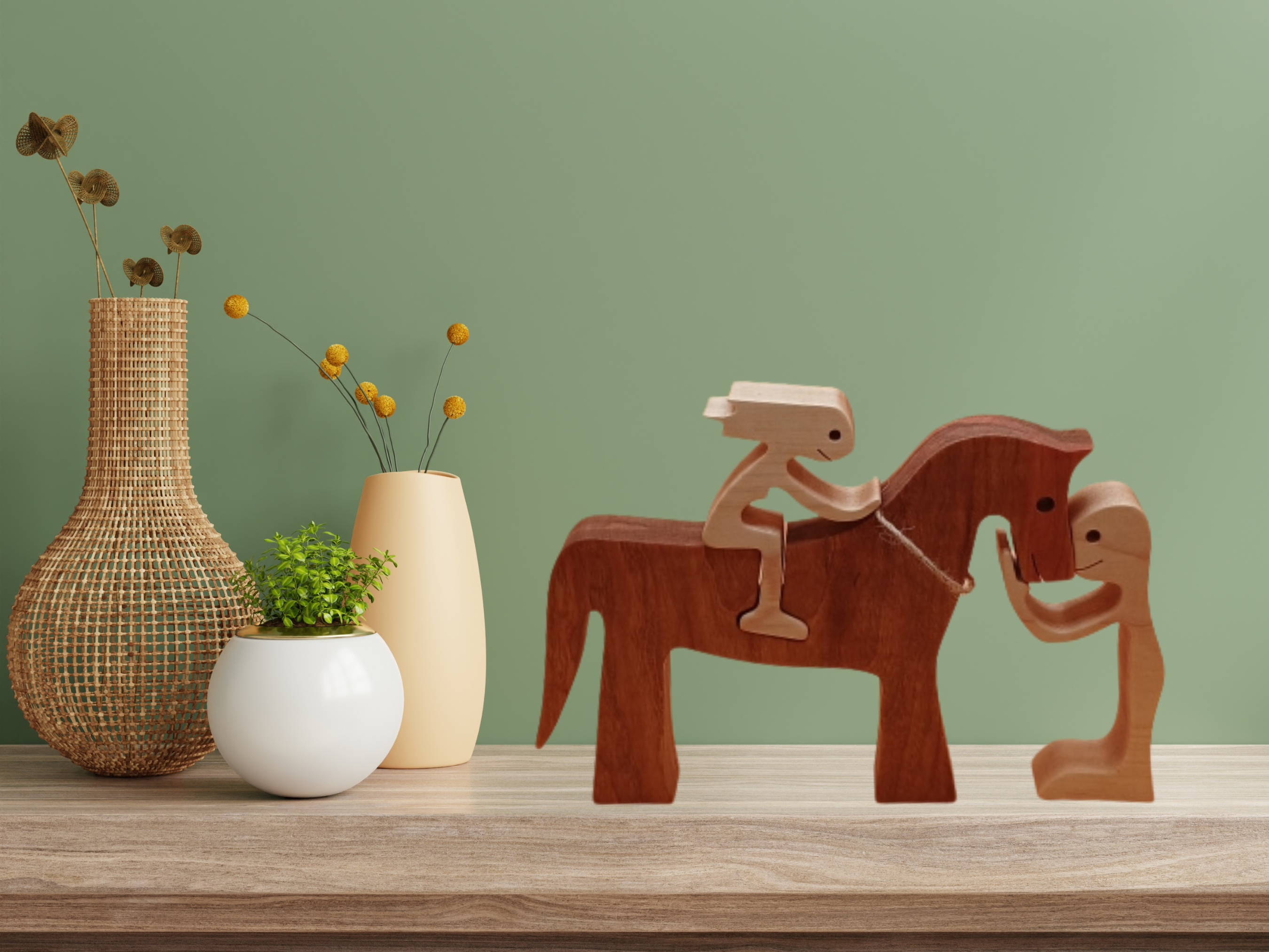 Handcrafted Wooden Horse and Rider Figurine 