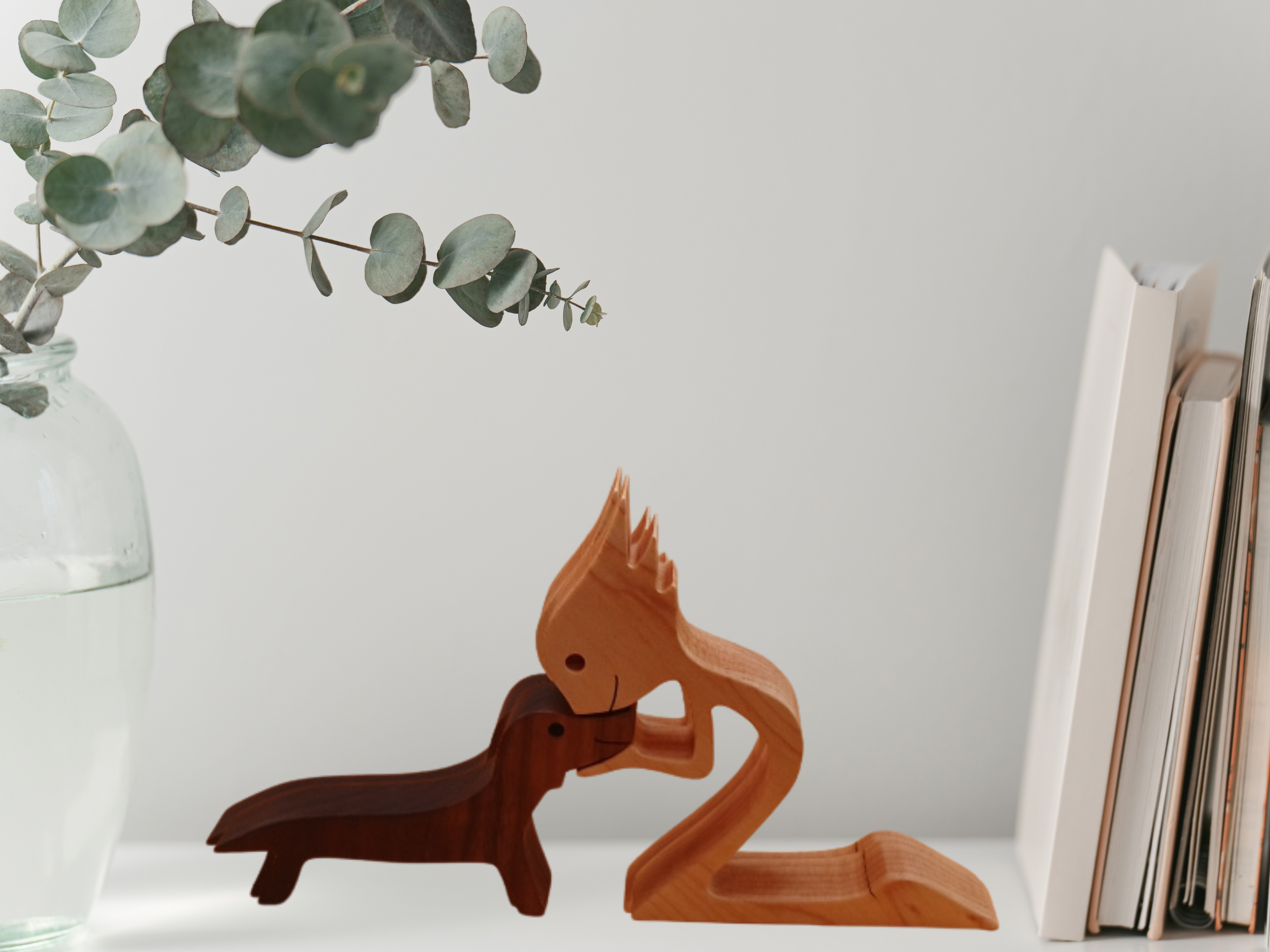 Wooden Girl with Dachshund Figurine