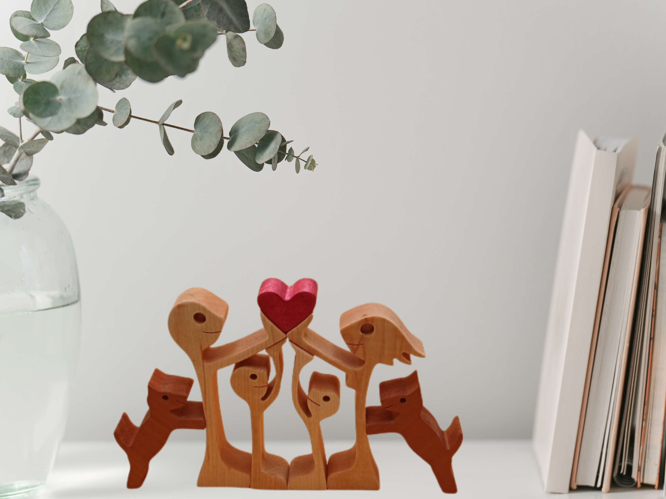 Handcrafted Wooden Family & Pets Figurine