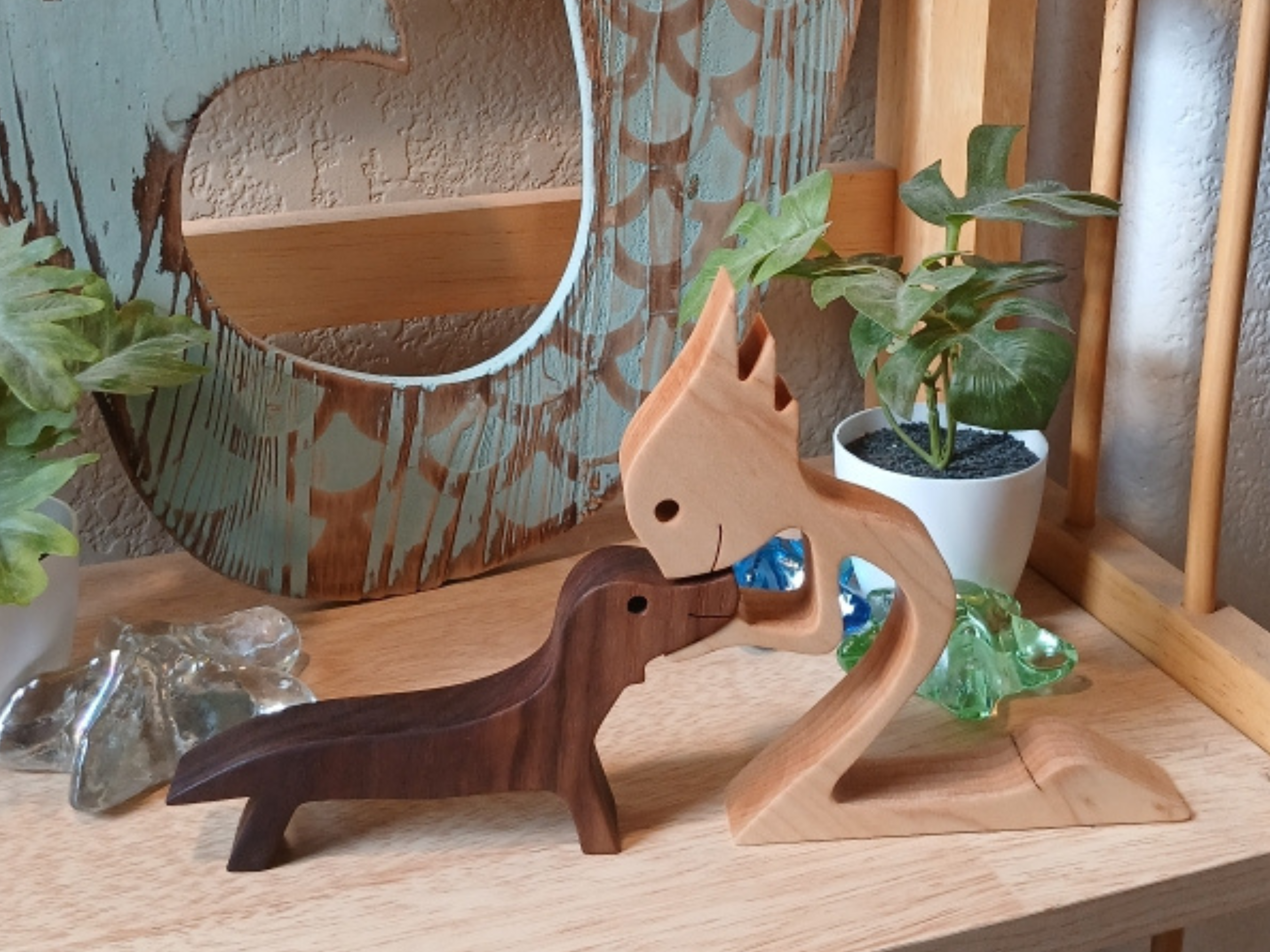 Wooden Girl with Dachshund Figurine