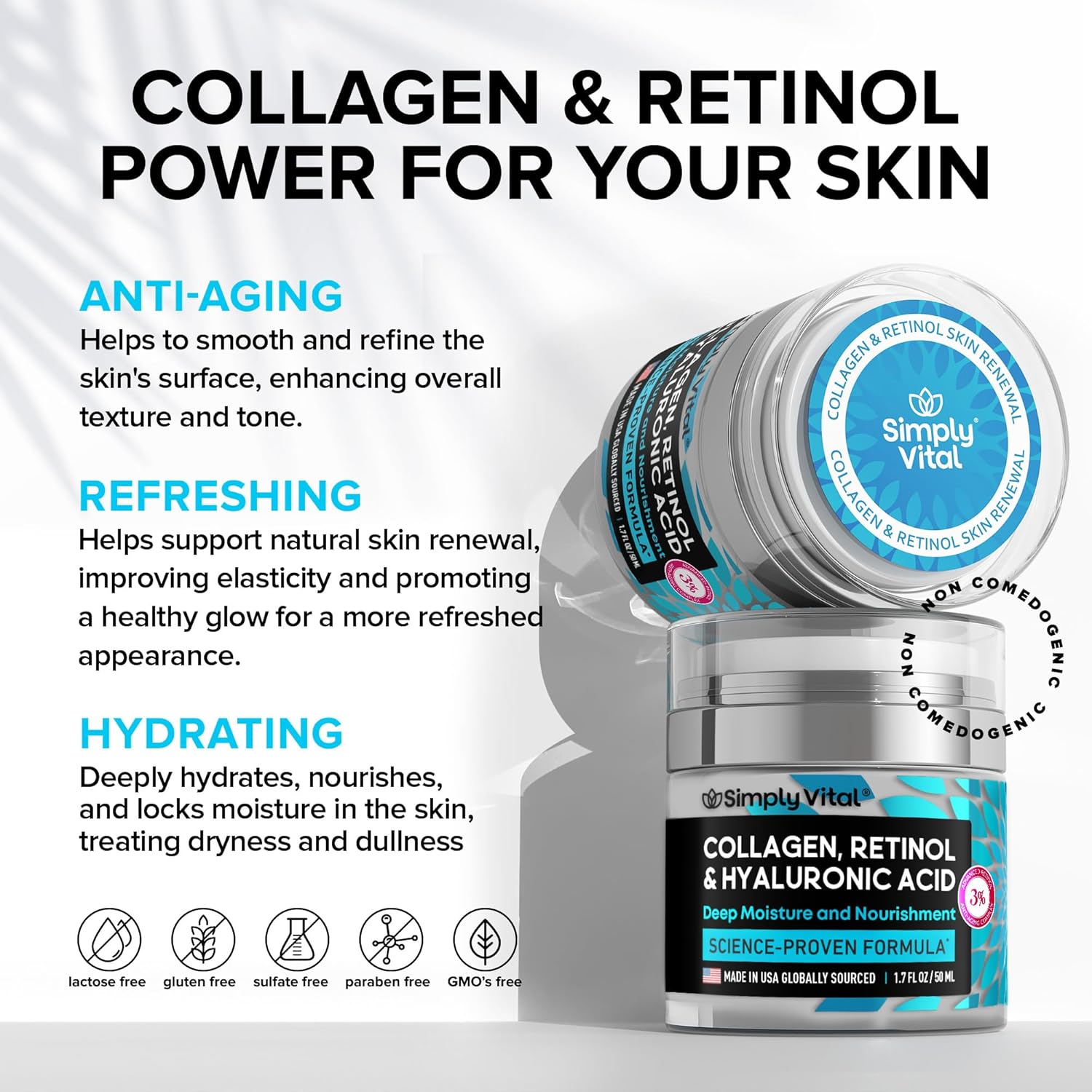 SimplyVital Collagen, Retinol & Hyaluronic Acid Cream - Anti-Aging Face Moisturizer for Face, Neck & Décolleté - Made in USA, Daily Moisturizer Face Cream - 1.7 fl.oz