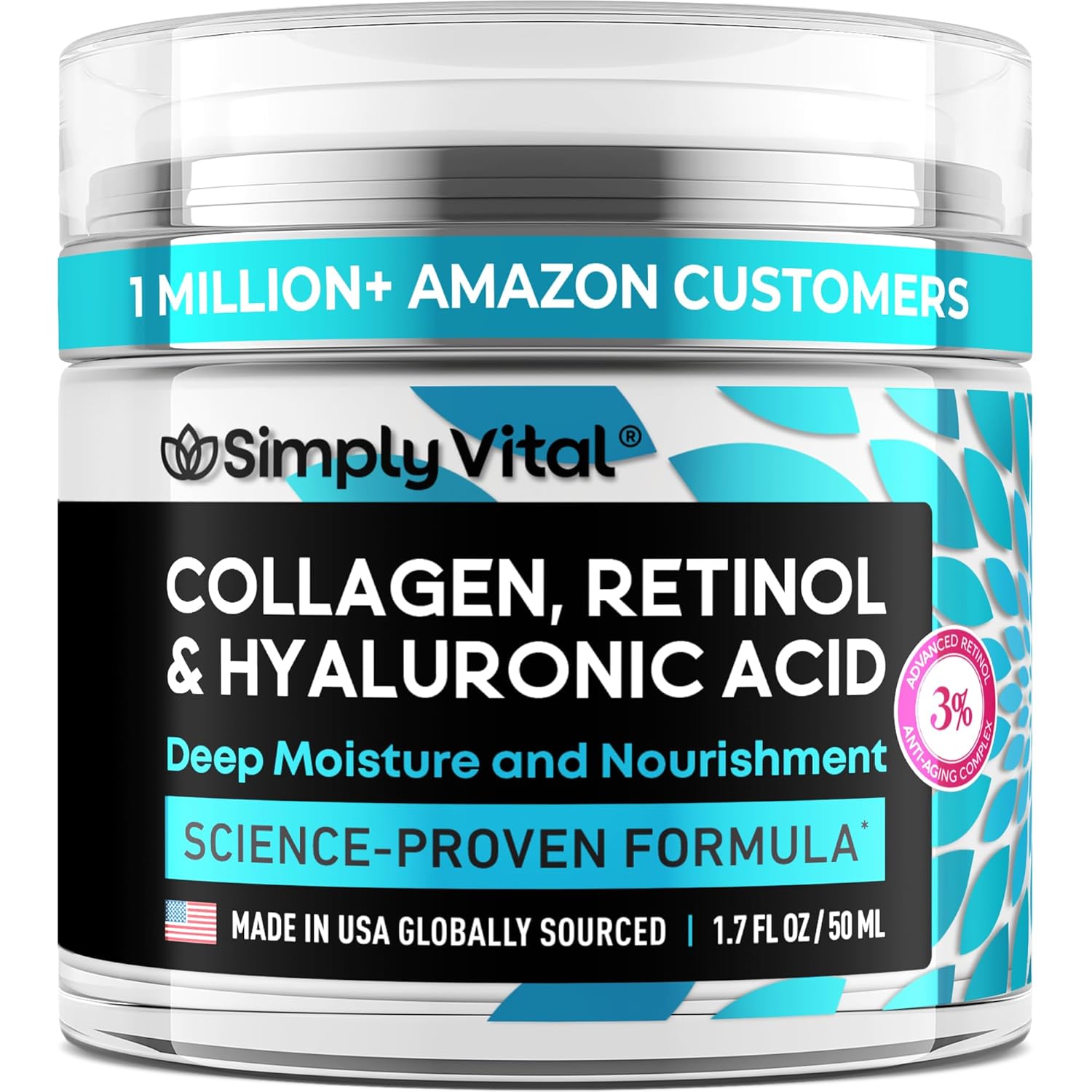 SimplyVital Collagen, Retinol & Hyaluronic Acid Cream - Anti-Aging Face Moisturizer for Face, Neck & Décolleté - Made in USA, Daily Moisturizer Face Cream - 1.7 fl.oz