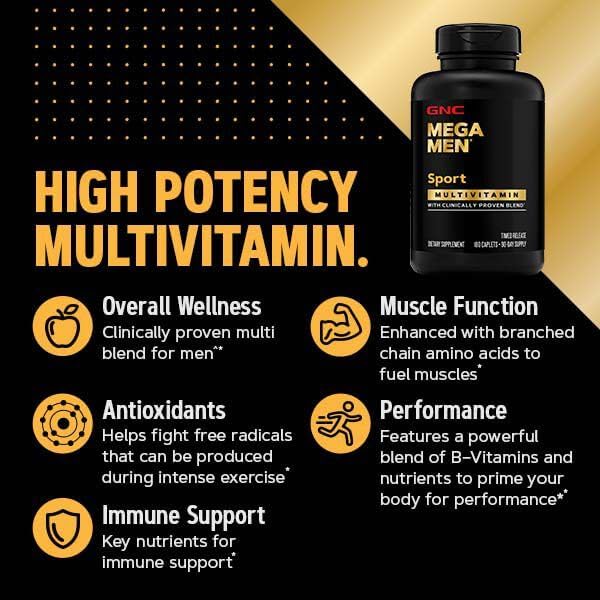 GNC Mega Men Sport Multivitamin Caplets, Athletic Performance Nutrition, Muscle Function, Clinically Proven to Feel Better, Antioxidants, B Vitamins, Energy Production, Timed Release, 90 ct, 45 svgs