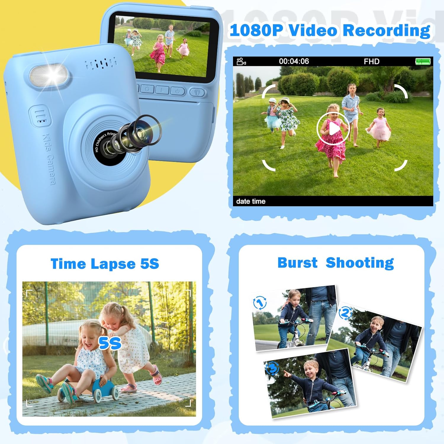 Kids Instant Print Digital Camera, Portable Travel Camera Toy with 1080P Videos, Holiday Birthday Easter Gifts for Kids Age 3-12, Toddler Toys for 4 5 6 7 8 9 Year Boys Girls（Blue