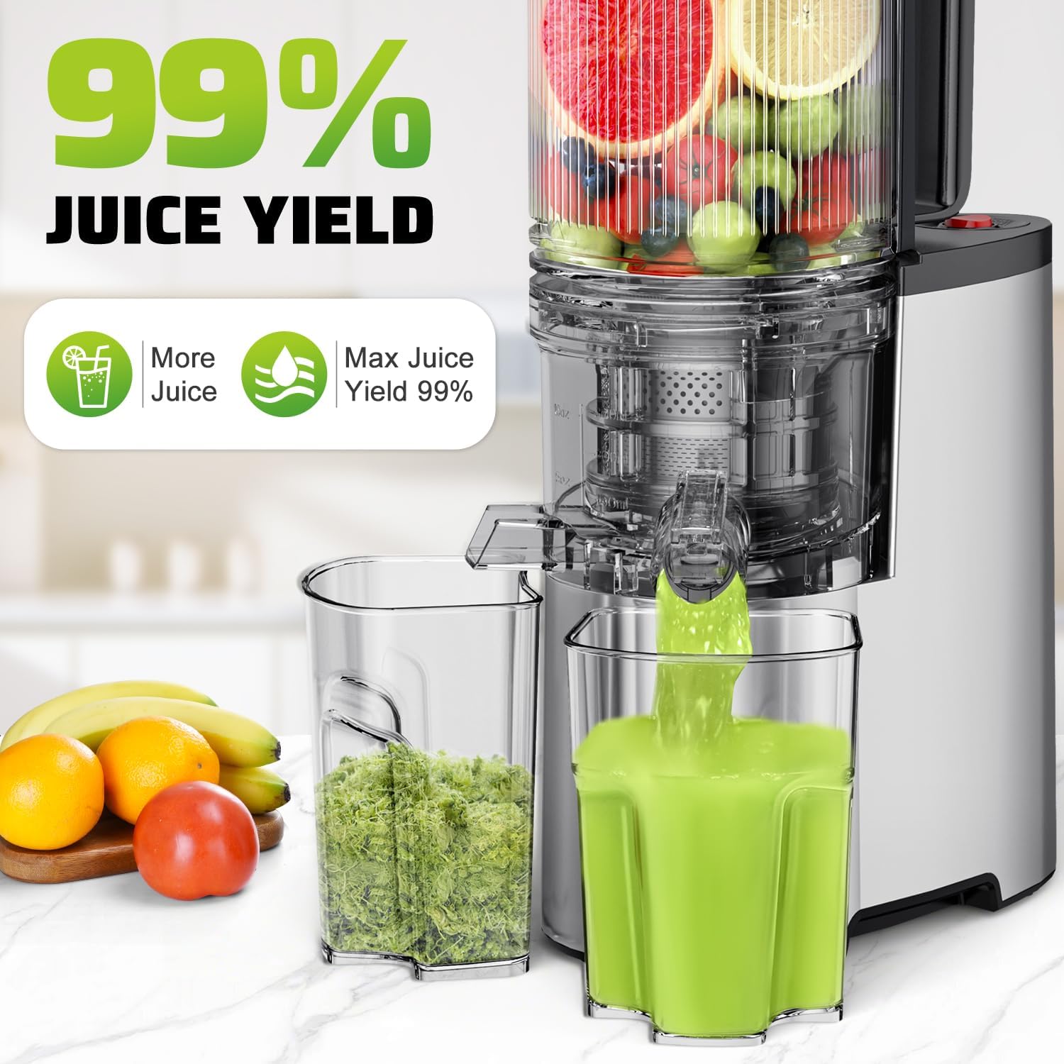 Cold Press Juicer, 5.8" Wide Feed Chute Juice Extractor Machine with 400W, High Juice Yield, Slow Masticating Juicer for Whole Vegetables & Fruits, Premium Silver