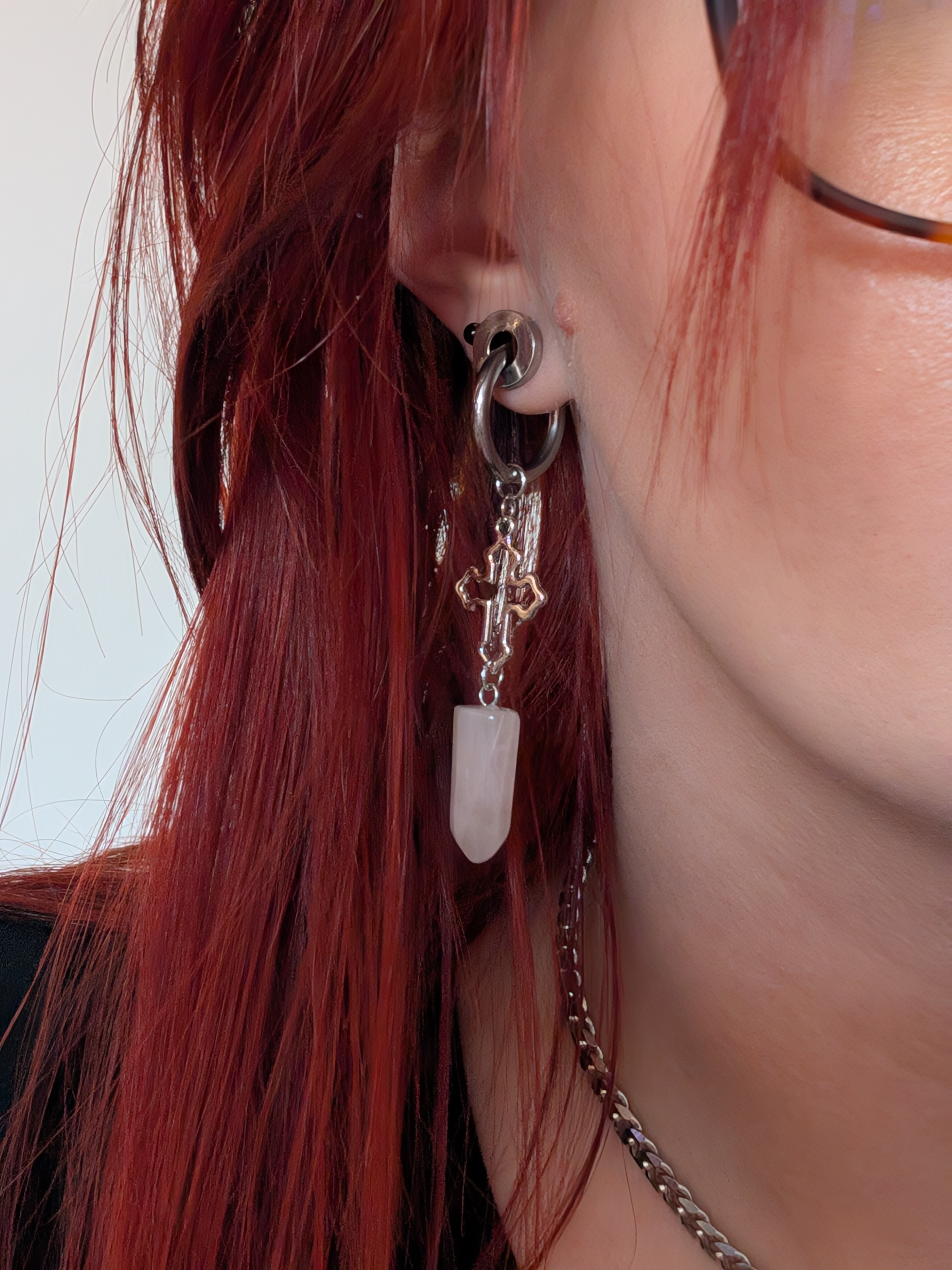 Rose Quartz & Cross Dangle Earrings