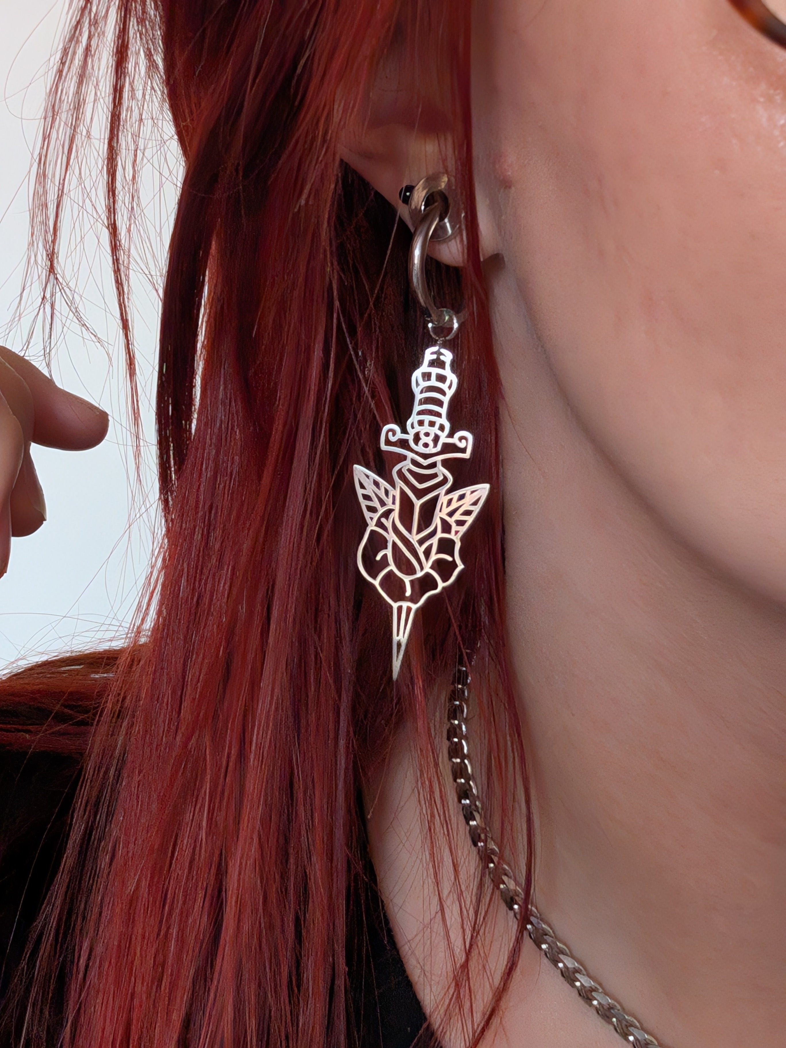 Daggered Rose Dangle Hoop Earrings