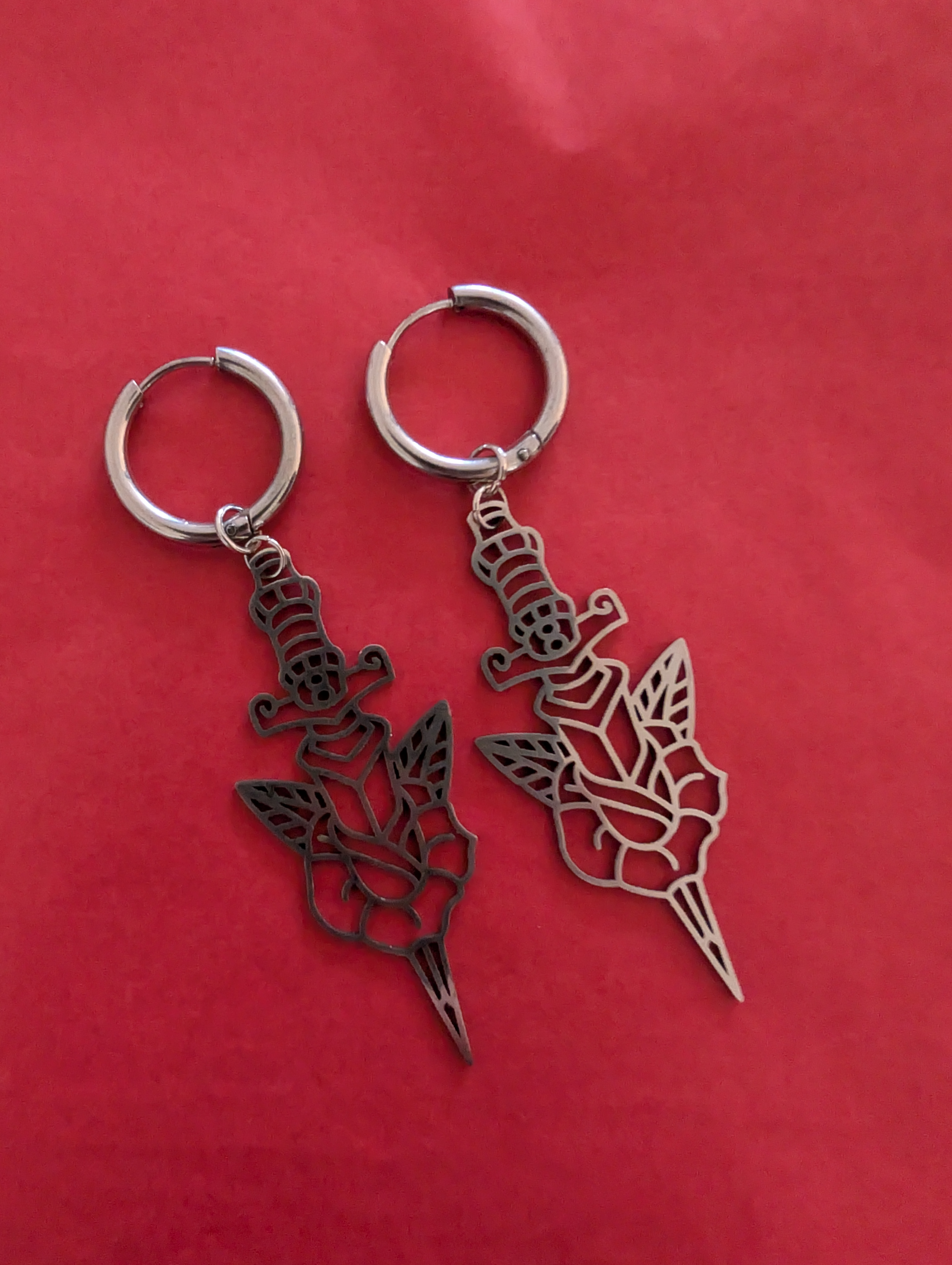 Daggered Rose Dangle Hoop Earrings