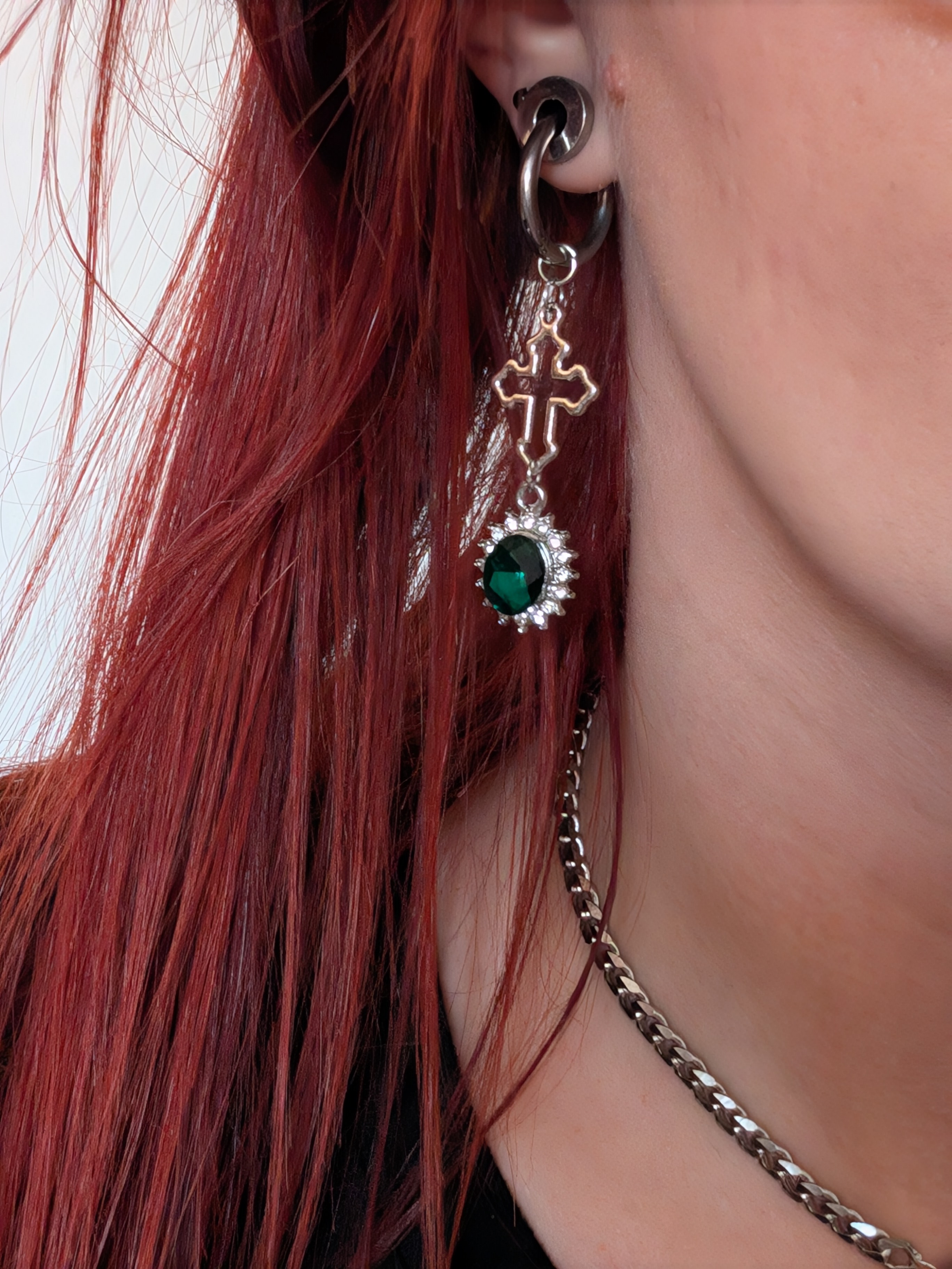 Emerald Gem & Cross Dangle Earrings