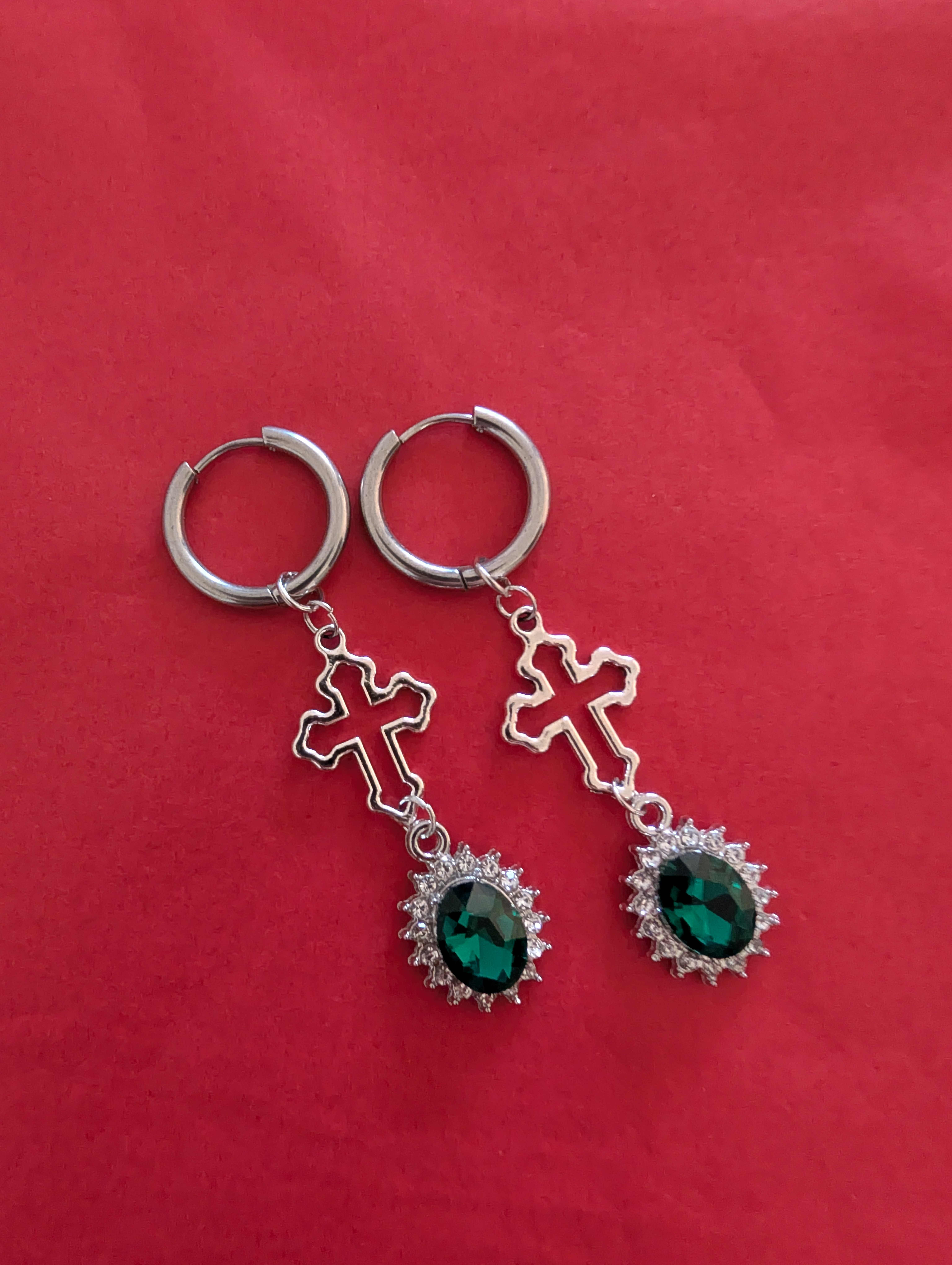 Emerald Gem & Cross Dangle Earrings
