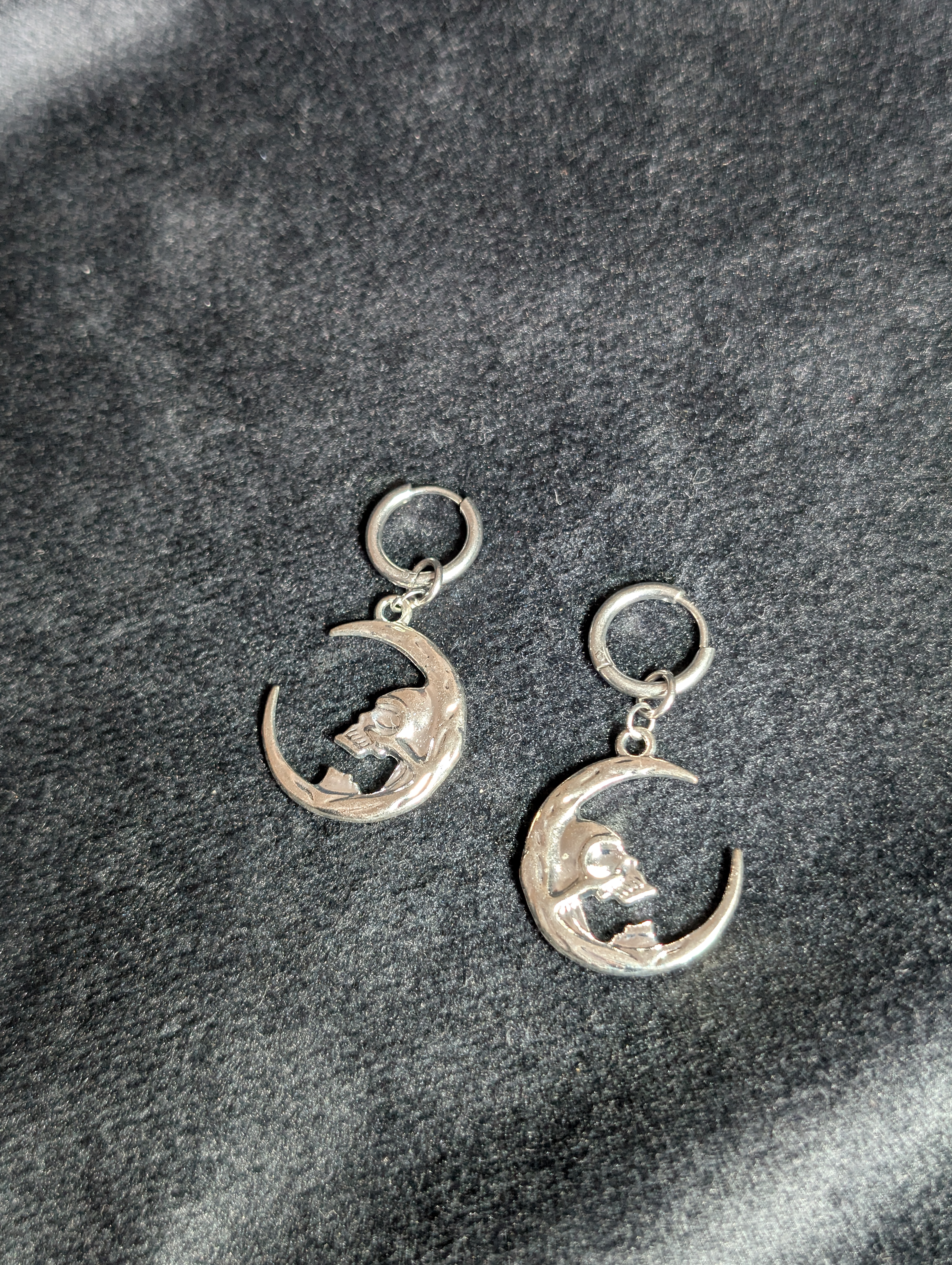 Skull and Moon Silver Hoop Earrings