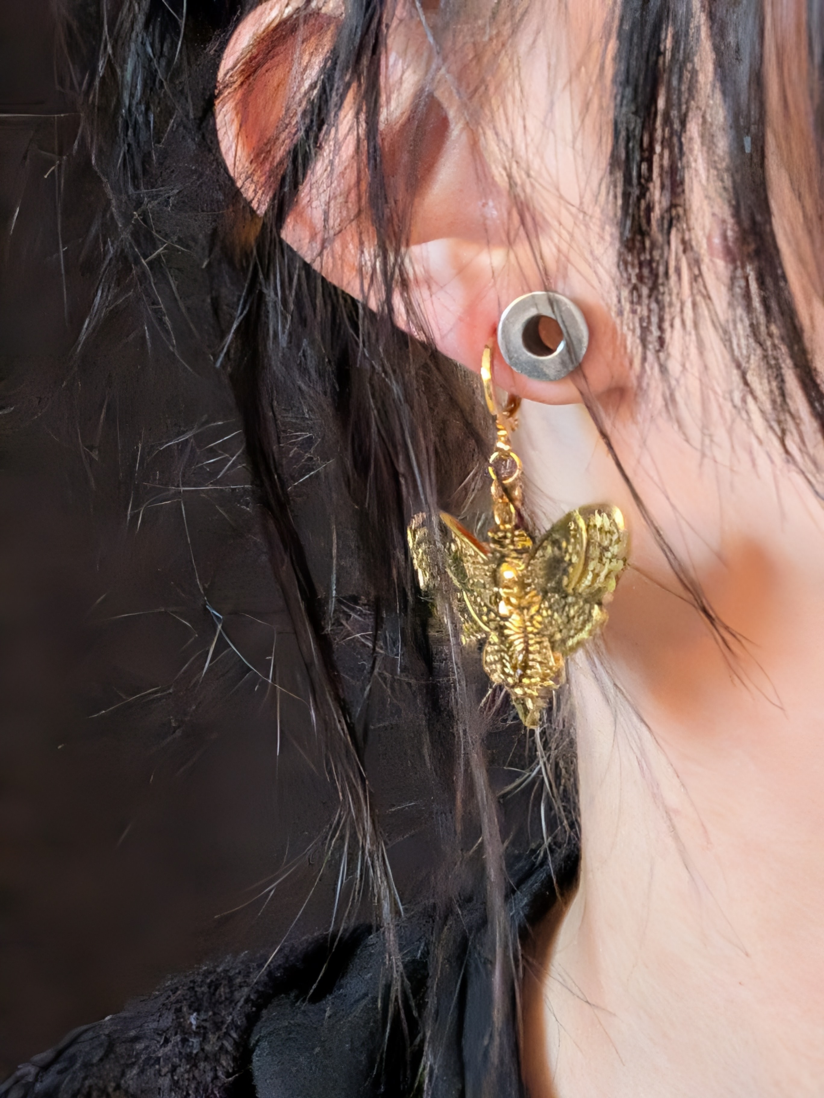 Golden Hawk Head Death Moth Earrings