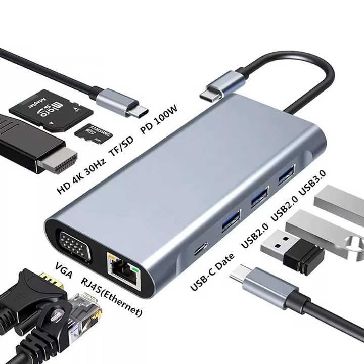 11-in-1 USB-C Hub mit HDMI, VGA, RJ45 Ethernet, SD/TF-Kartenleser, PD, USB 3.0 und 3,5-mm-Audioanschluss *** 11-in-1 USB-C hub with HDMI, VGA, RJ45 Ethernet, SD/TF card reader, PD, USB 3.0 and 3.5 mm audio connection