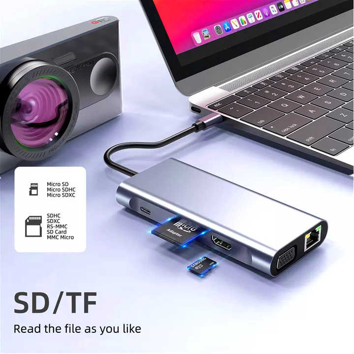 11-in-1 USB-C Hub mit HDMI, VGA, RJ45 Ethernet, SD/TF-Kartenleser, PD, USB 3.0 und 3,5-mm-Audioanschluss *** 11-in-1 USB-C hub with HDMI, VGA, RJ45 Ethernet, SD/TF card reader, PD, USB 3.0 and 3.5 mm audio connection