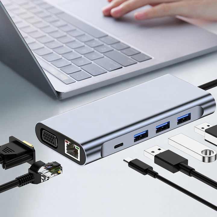 11-in-1 USB-C Hub mit HDMI, VGA, RJ45 Ethernet, SD/TF-Kartenleser, PD, USB 3.0 und 3,5-mm-Audioanschluss *** 11-in-1 USB-C hub with HDMI, VGA, RJ45 Ethernet, SD/TF card reader, PD, USB 3.0 and 3.5 mm audio connection