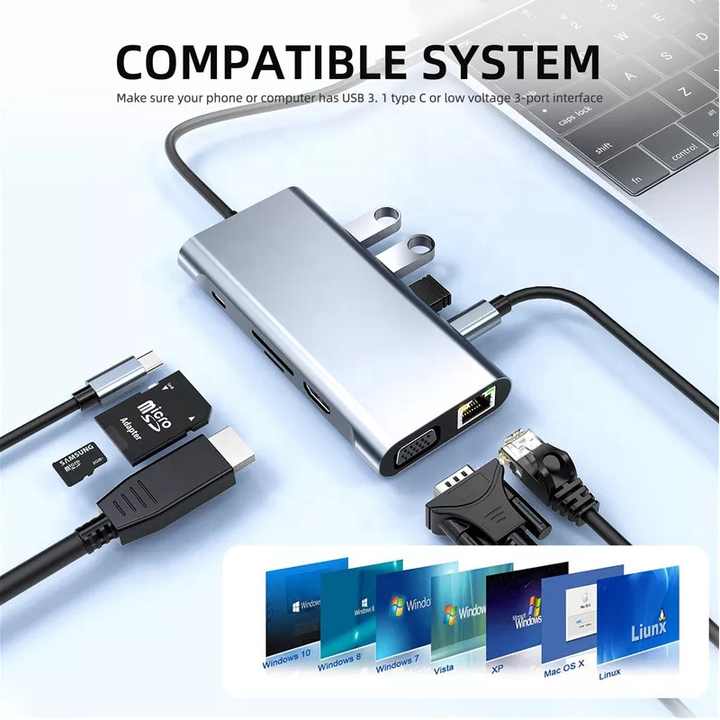 11-in-1 USB-C Hub mit HDMI, VGA, RJ45 Ethernet, SD/TF-Kartenleser, PD, USB 3.0 und 3,5-mm-Audioanschluss *** 11-in-1 USB-C hub with HDMI, VGA, RJ45 Ethernet, SD/TF card reader, PD, USB 3.0 and 3.5 mm audio connection
