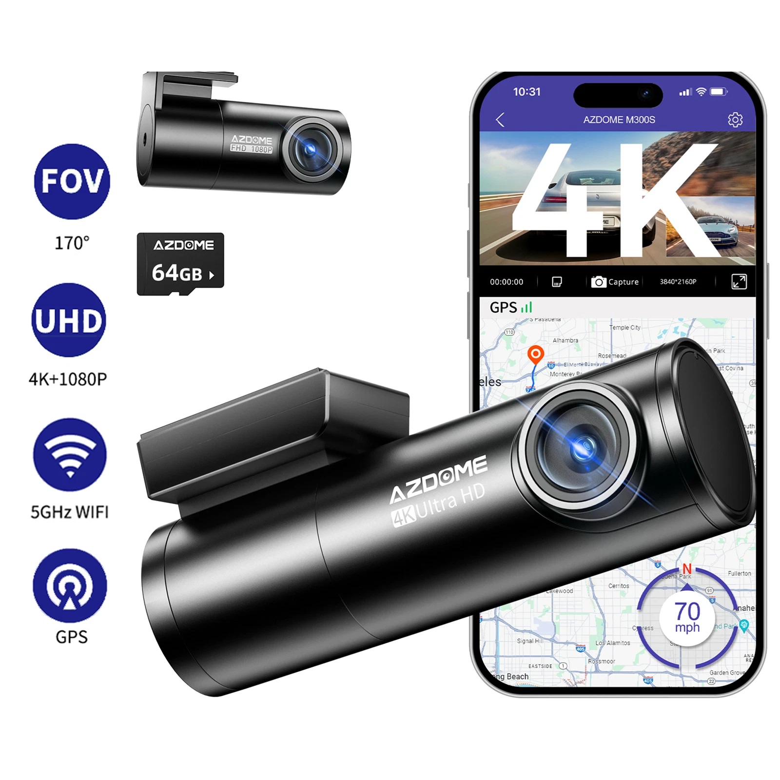 AZDOME Dual Dash Cam 4K+1080P 5G WiFi GPS Front and Rear DVR Free 64GB SD Card