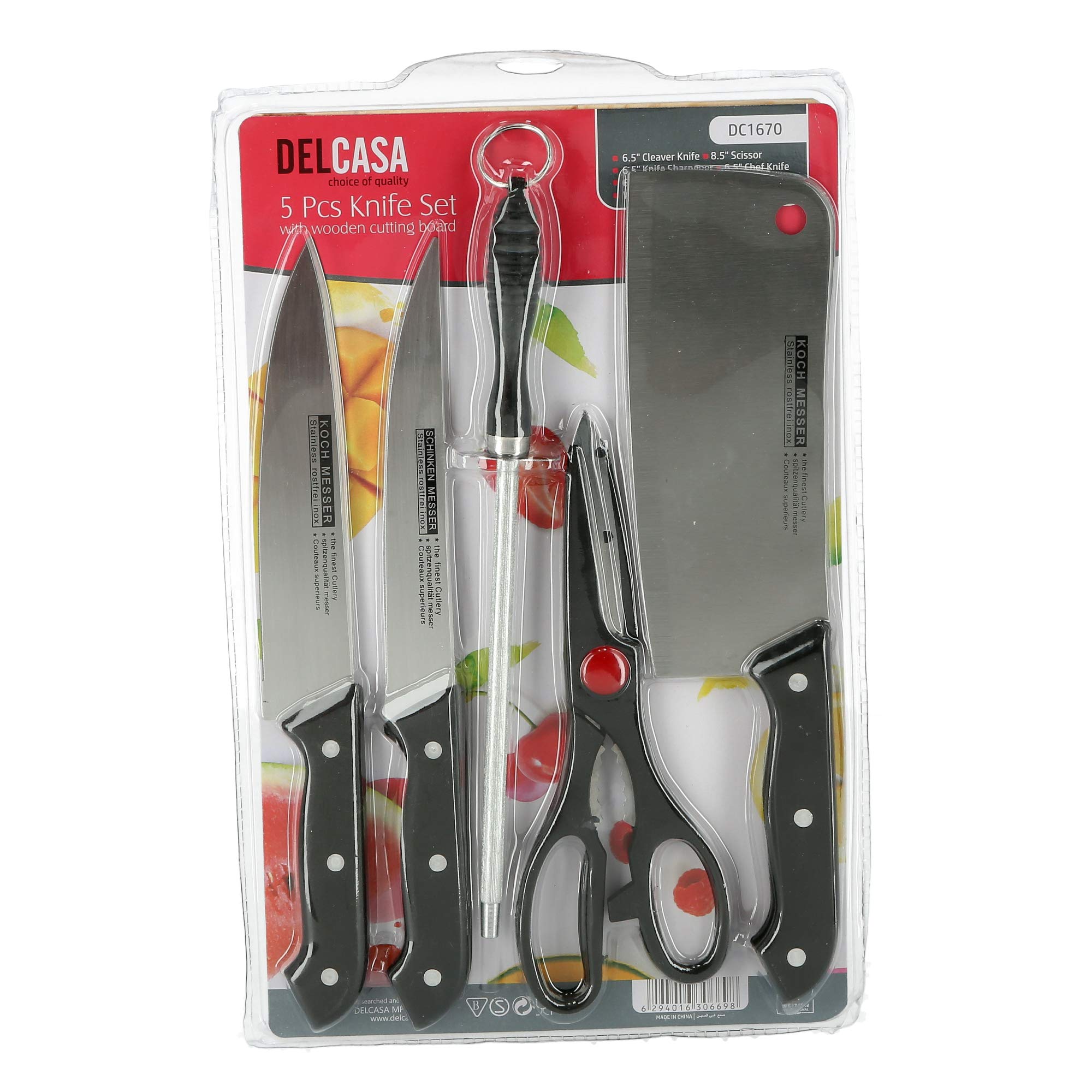 Juego de cuchillos Delcasa de 5 piezas con tabla de cortar de madera, juego de cuchillos de cocina de 5 piezas con tabla de cortar
