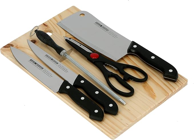 Juego de cuchillos Delcasa de 5 piezas con tabla de cortar de madera, juego de cuchillos de cocina de 5 piezas con tabla de cortar