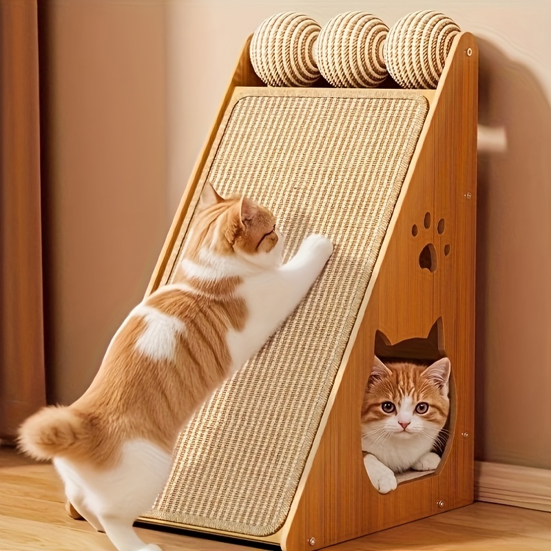 🐾 Poteau à gratter en sisal robuste – cachette et plateformes en bois design